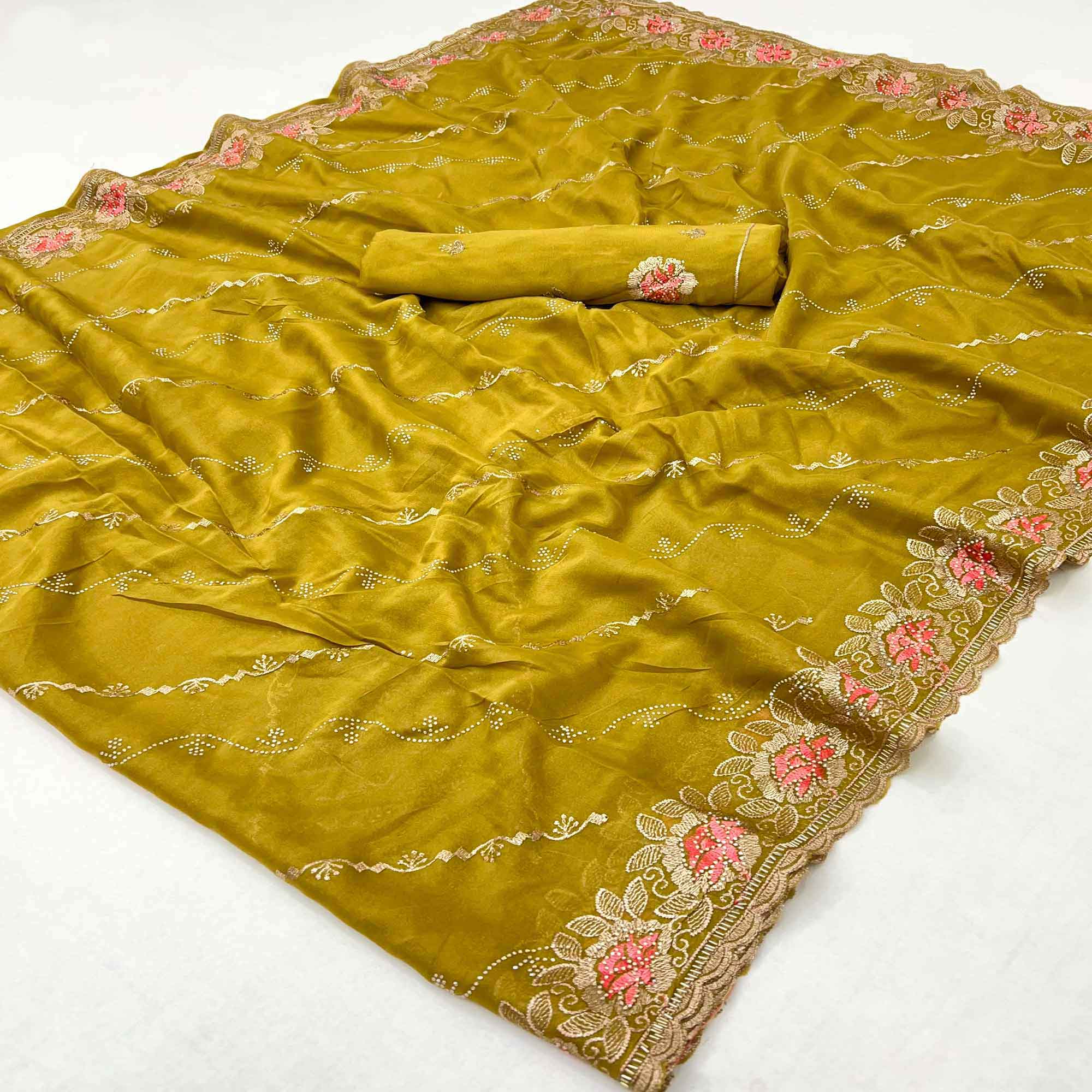Graceful Mustard Floral Thread & Zari Embroidered Georgette Saree
