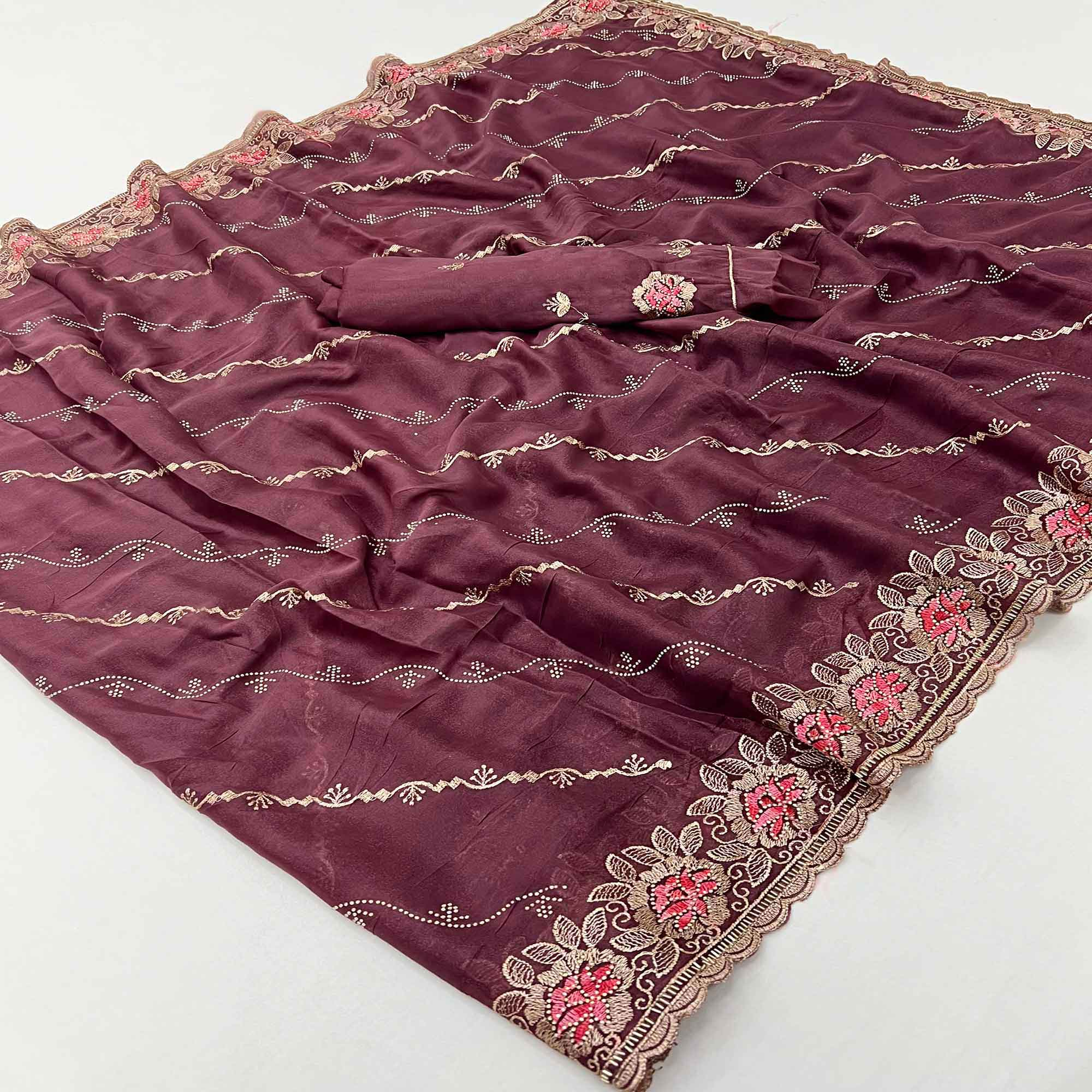 Graceful Wine Floral Thread & Zari Embroidered Georgette Saree