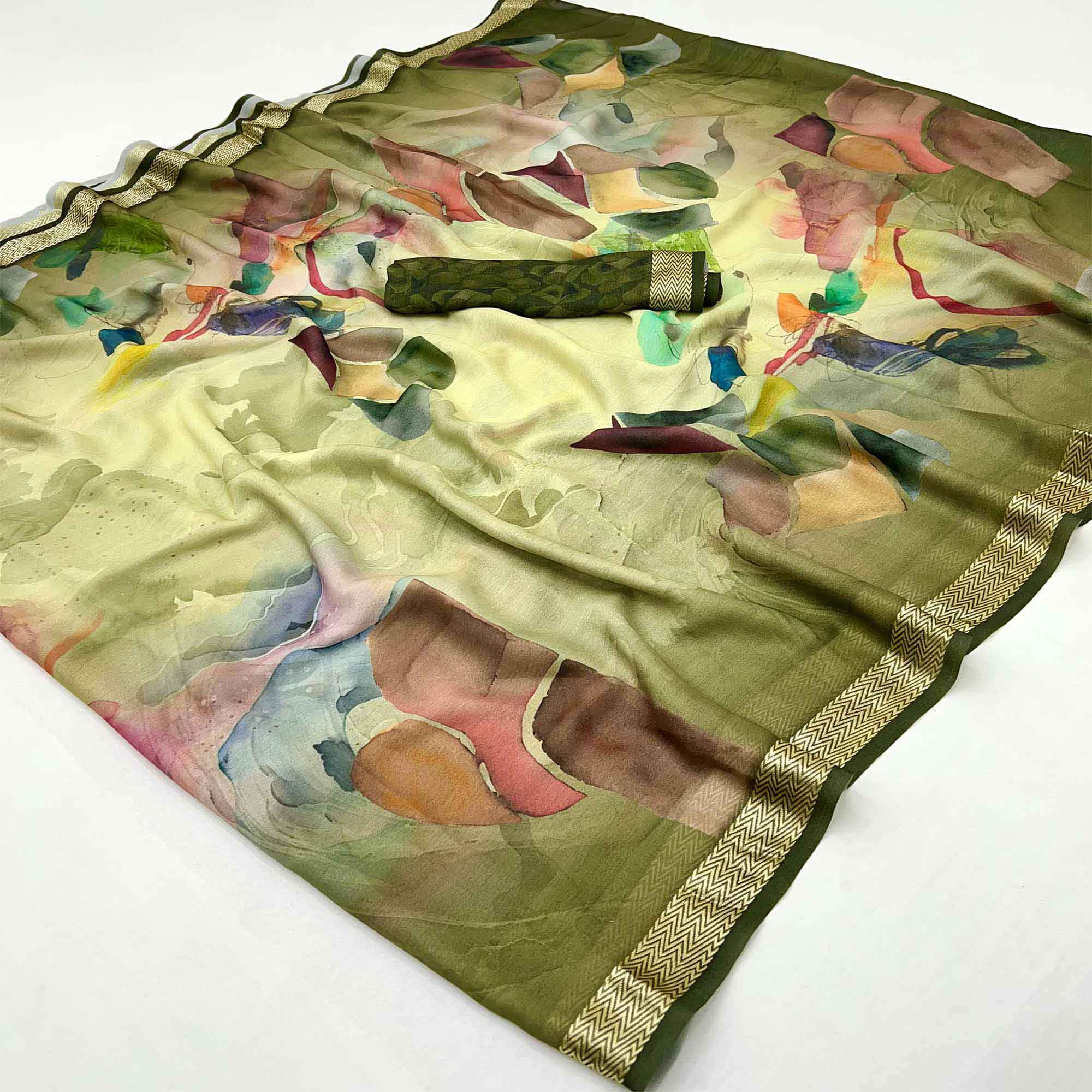 Graceful Green Georgette Saree Accented With Digital Prints & Viscose Border Finish