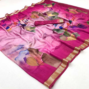Graceful Rani Pink Georgette Saree Accented With Digital Prints & Viscose Border Finish