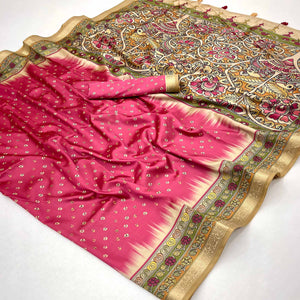 Pink Traditional Bandhani & Floral Digital Printed Art Silk Saree With Peacock Motif Pallu