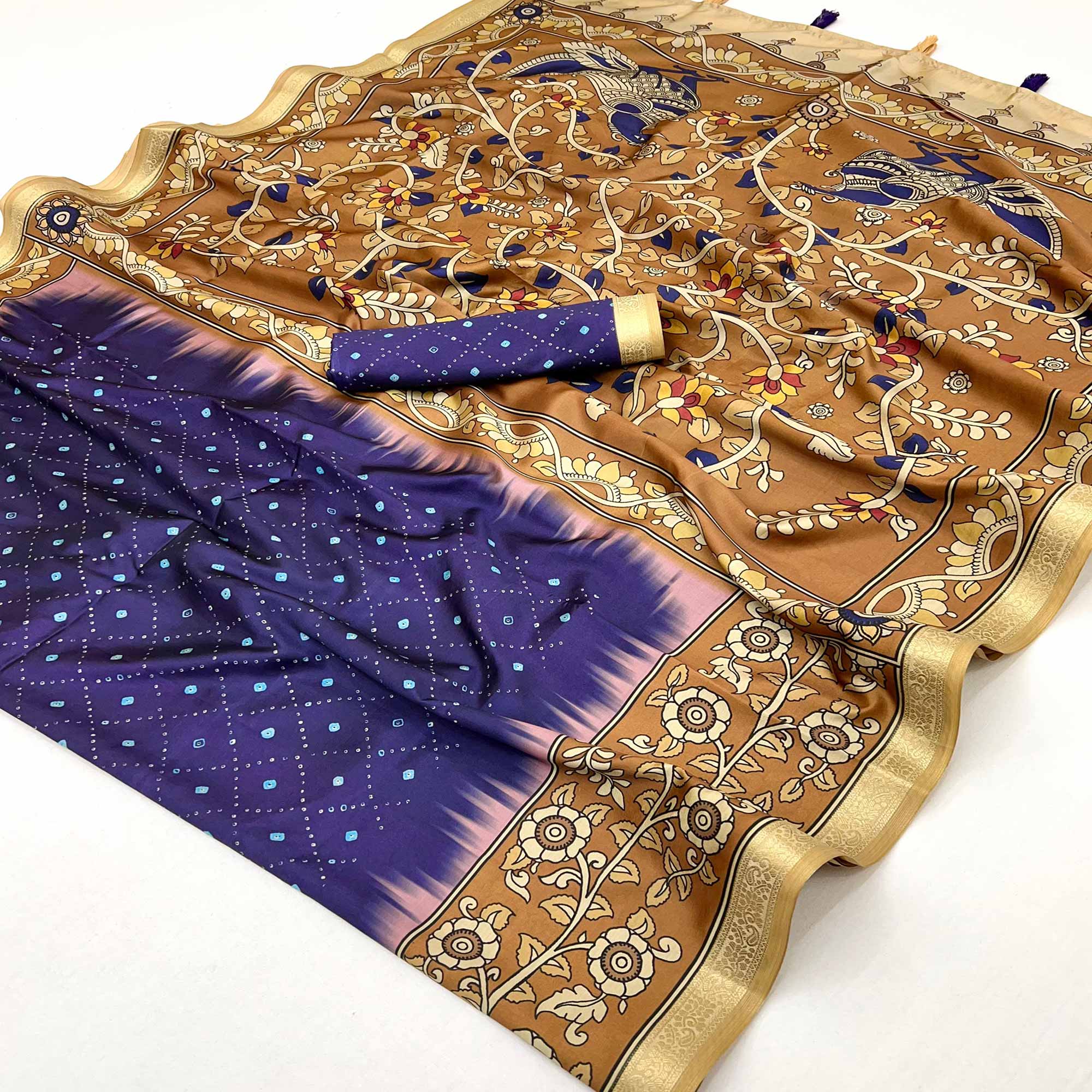 Blue Traditional Bandhani & Floral Digital Printed Art Silk Saree With Peacock Motif Pallu