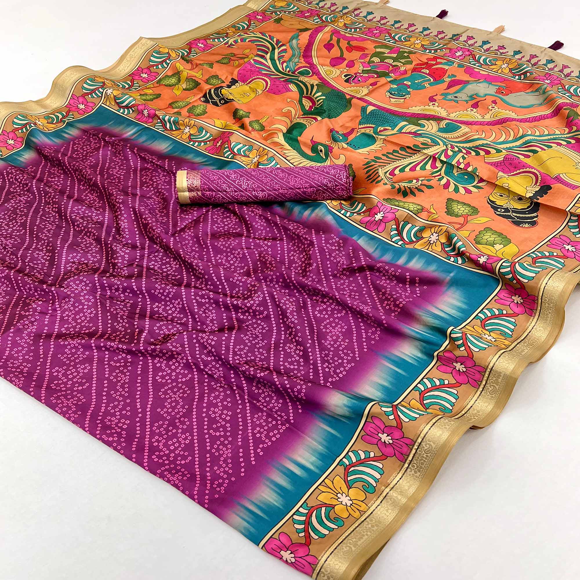 Purple Traditional Bandhani & Floral Digital Printed Art Silk Saree With Peacock Motif Pallu