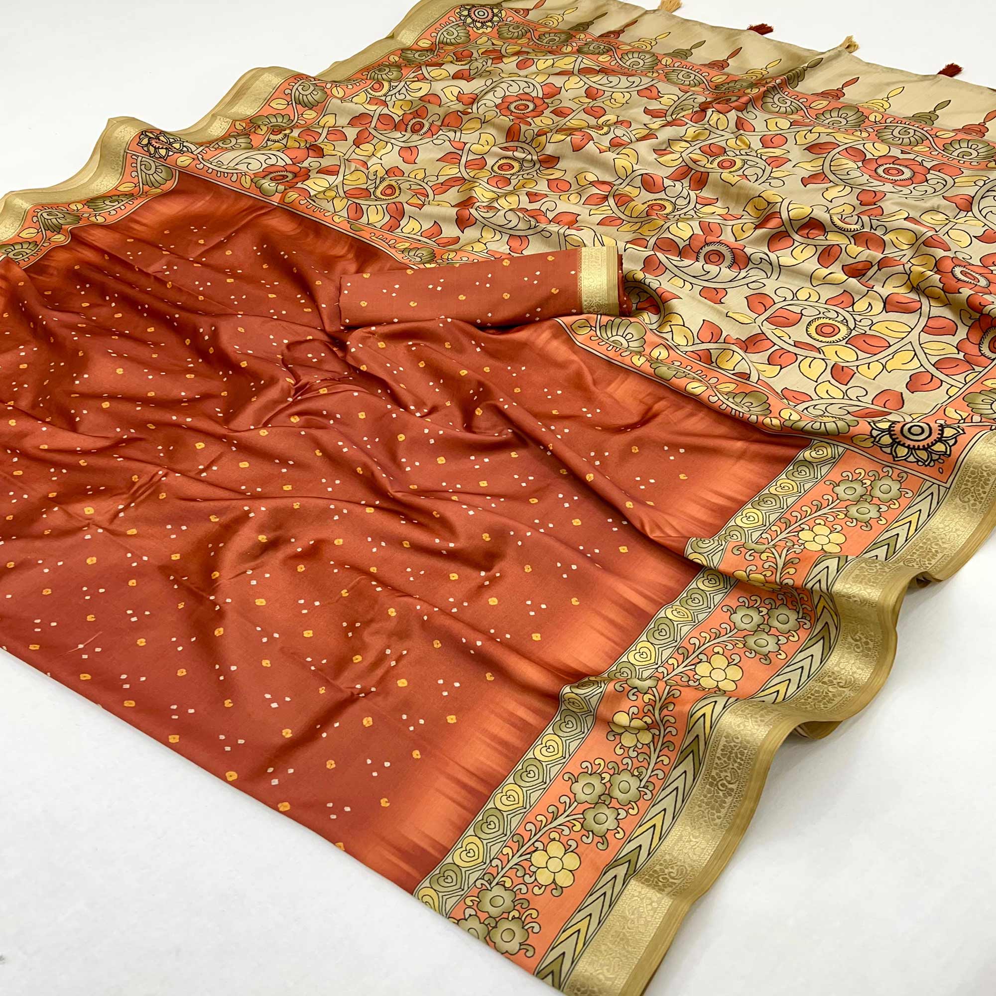 Rust Traditional Bandhani & Floral Digital Printed Art Silk Saree With Tassel Pallu
