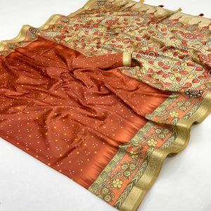 Rust Traditional Bandhani & Floral Digital Printed Art Silk Saree With Tassel Pallu