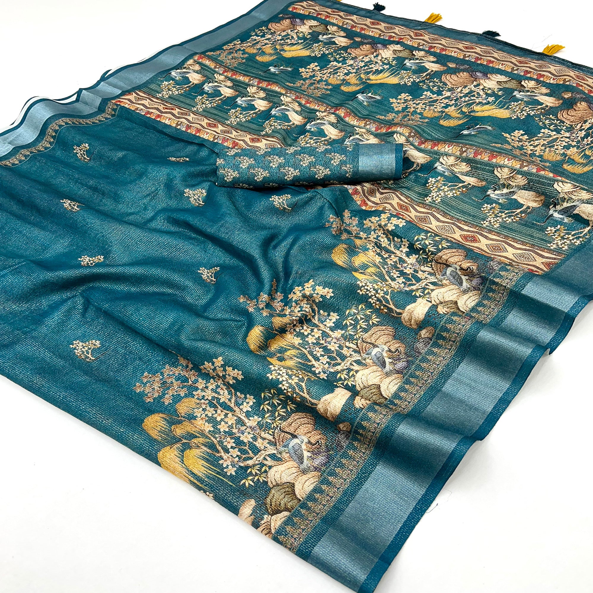 Morpich Blue Floral Digital Printed Cotton Blend Weaving Zari Saree With Tassel Pallu