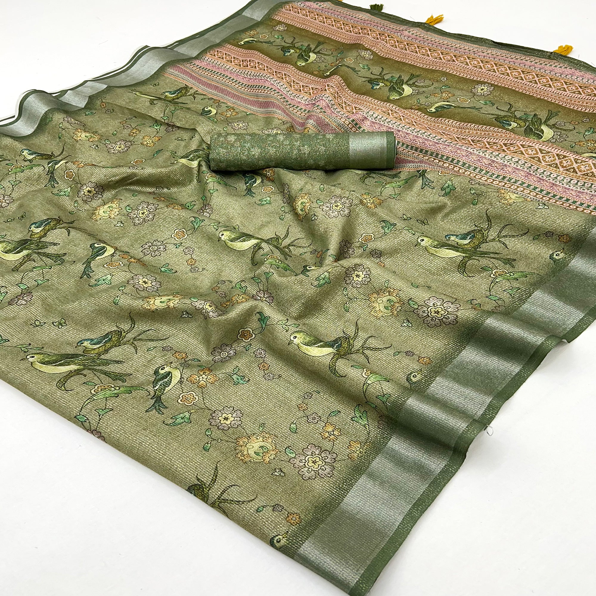 Green Floral Digital Printed Cotton Blend Weaving Zari Saree With Tassel Pallu