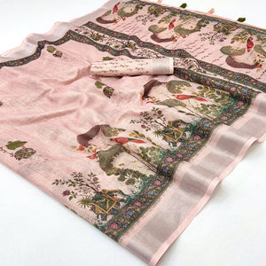 Pink Floral Digital Printed Cotton Blend Weaving Zari Saree With Tassel Pallu
