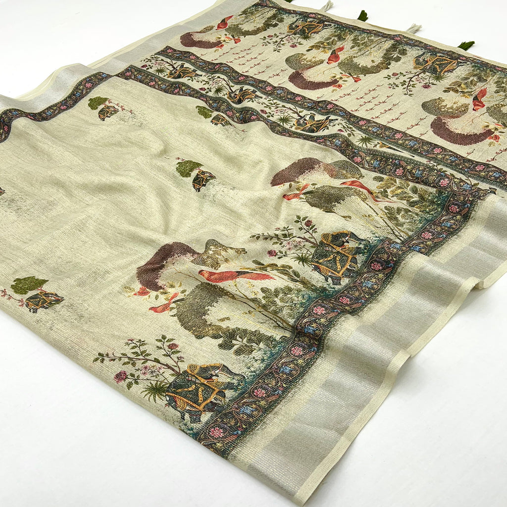 Cream Floral Digital Printed Cotton Blend Weaving Zari Saree With Tass