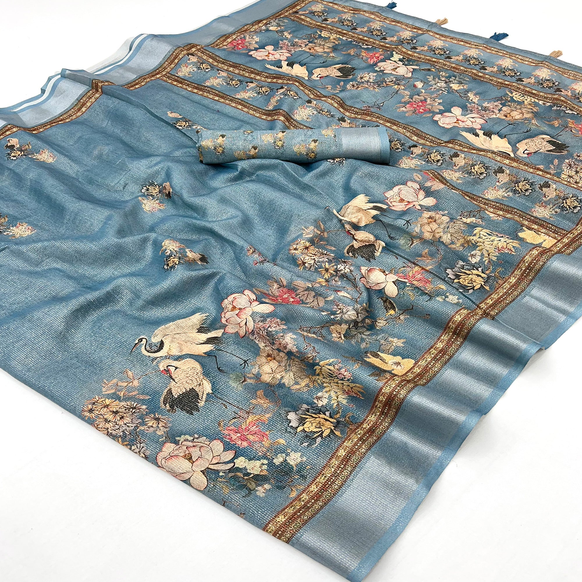 Bluish Grey Floral Digital Printed Cotton Blend Weaving Zari Saree With Tassel Pallu