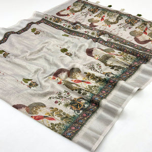 Silver Grey Floral Digital Printed Cotton Blend Weaving Zari Saree With Tassel Pallu