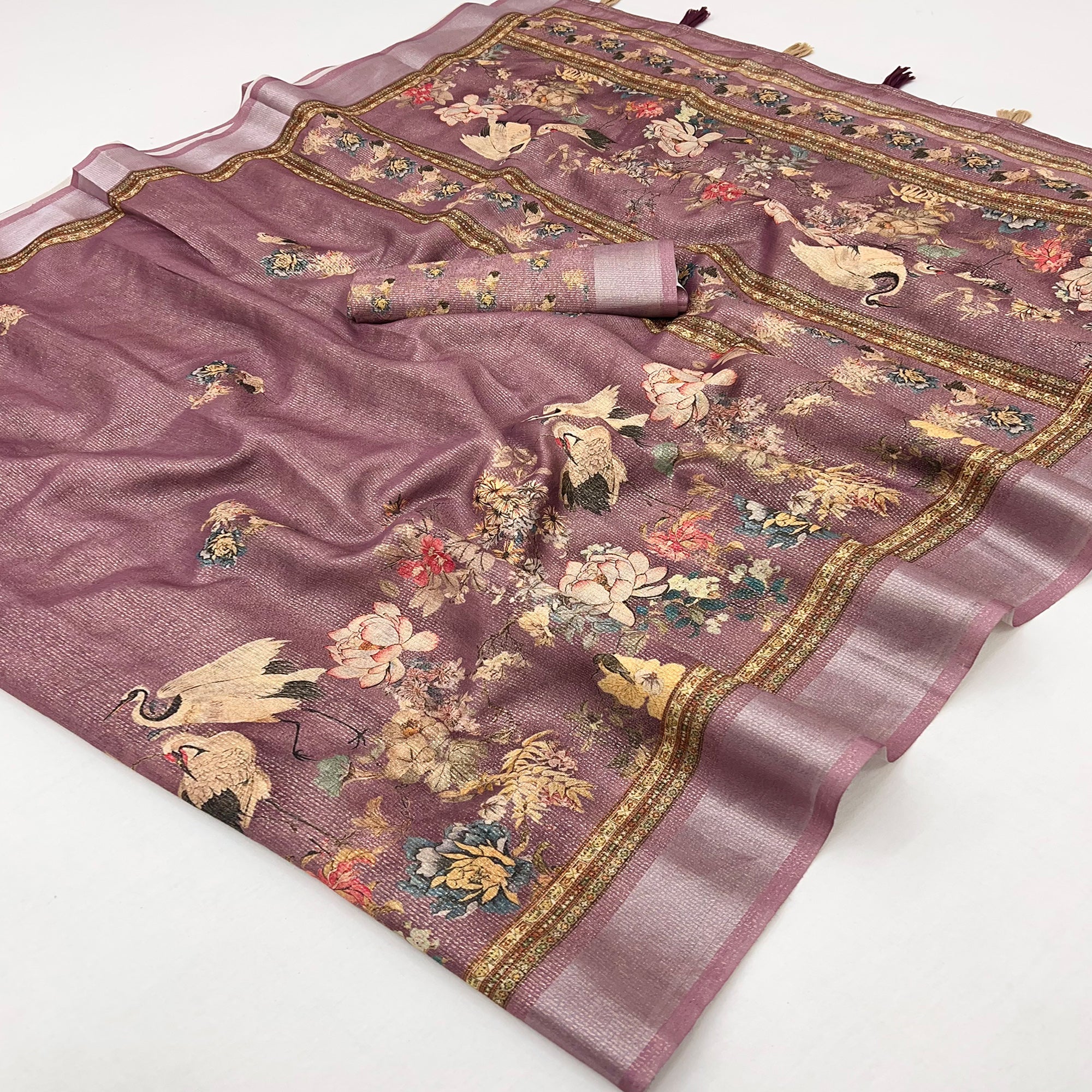 Dark Mauve Floral Digital Printed Cotton Blend Weaving Zari Saree With Tassel Pallu