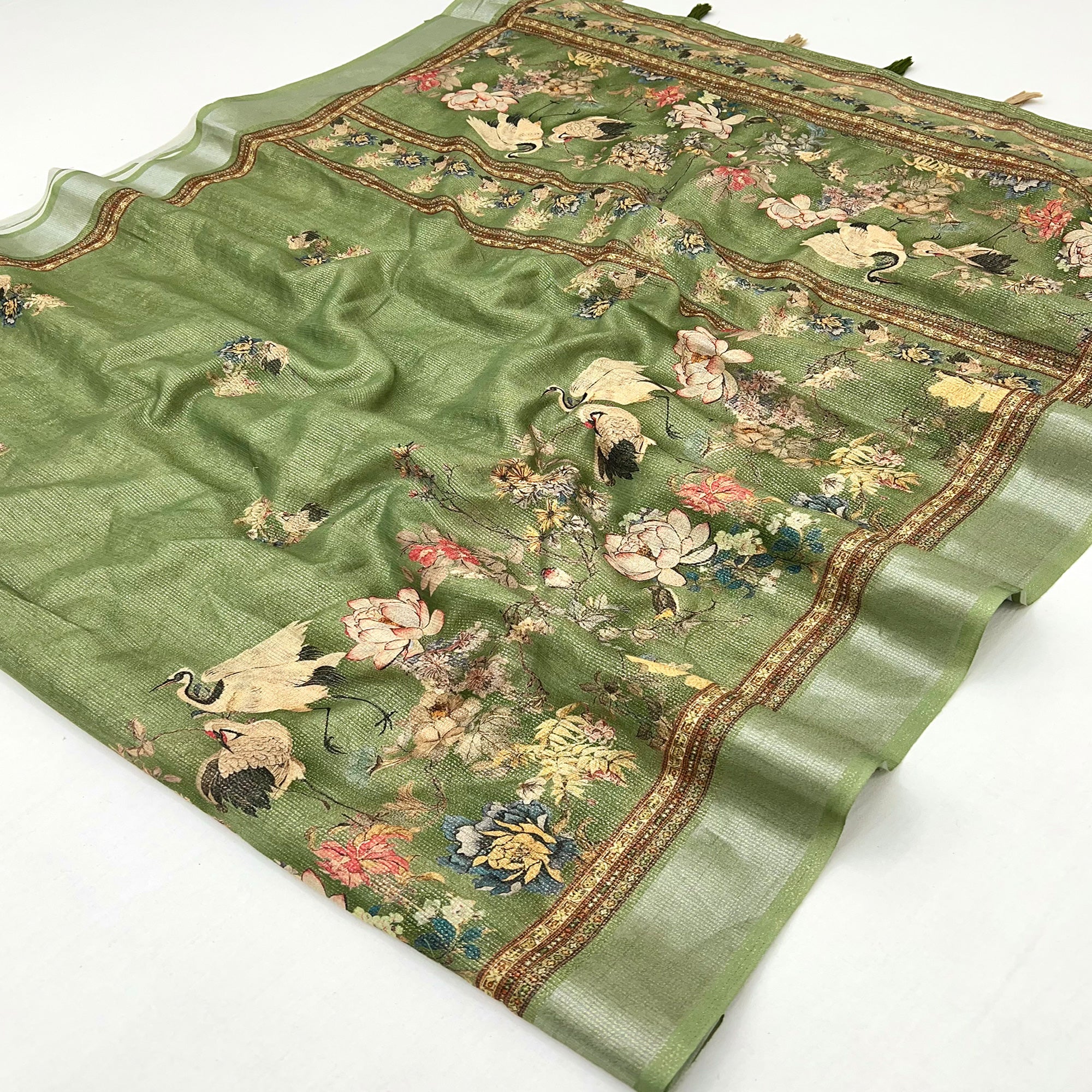 Green Floral Digital Printed Cotton Blend Weaving Zari Saree With Tassel Pallu