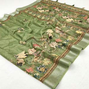 Green Floral Digital Printed Cotton Blend Weaving Zari Saree With Tassel Pallu