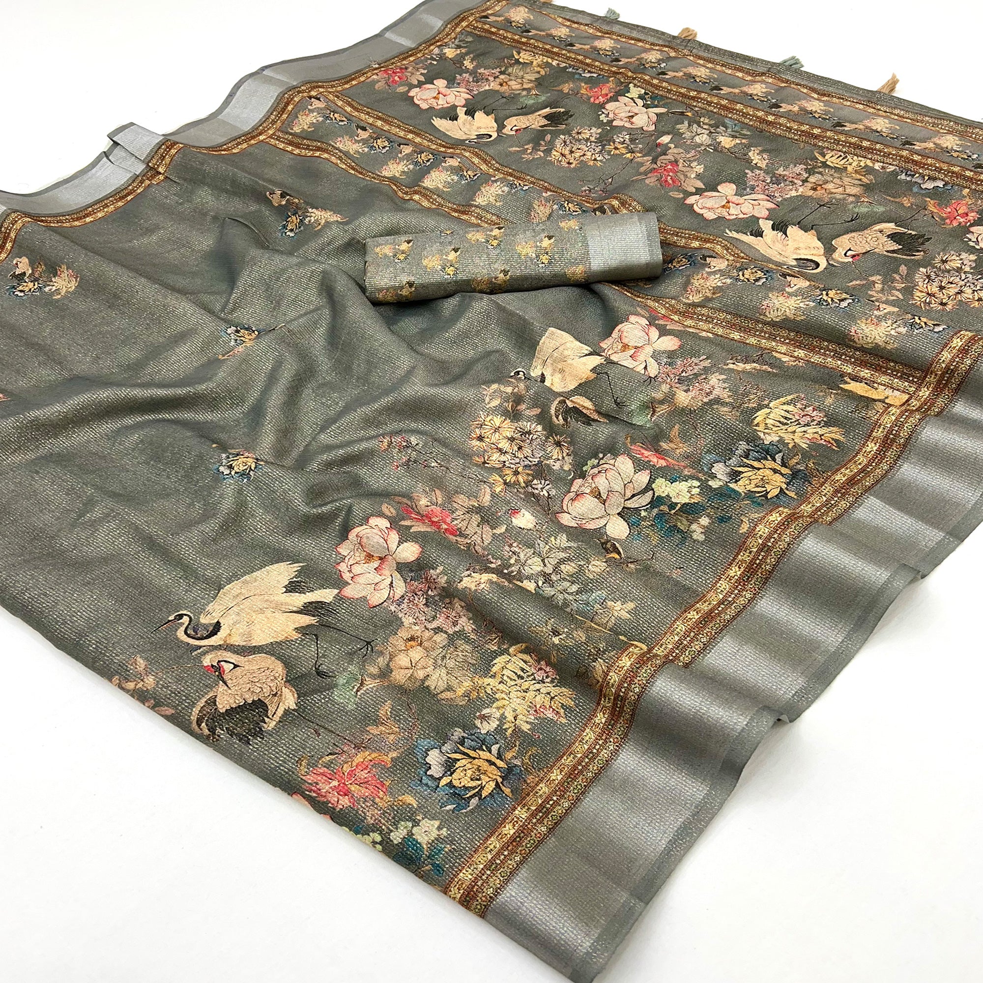 Grey Floral Digital Printed Cotton Blend Weaving Zari Saree With Tassel Pallu