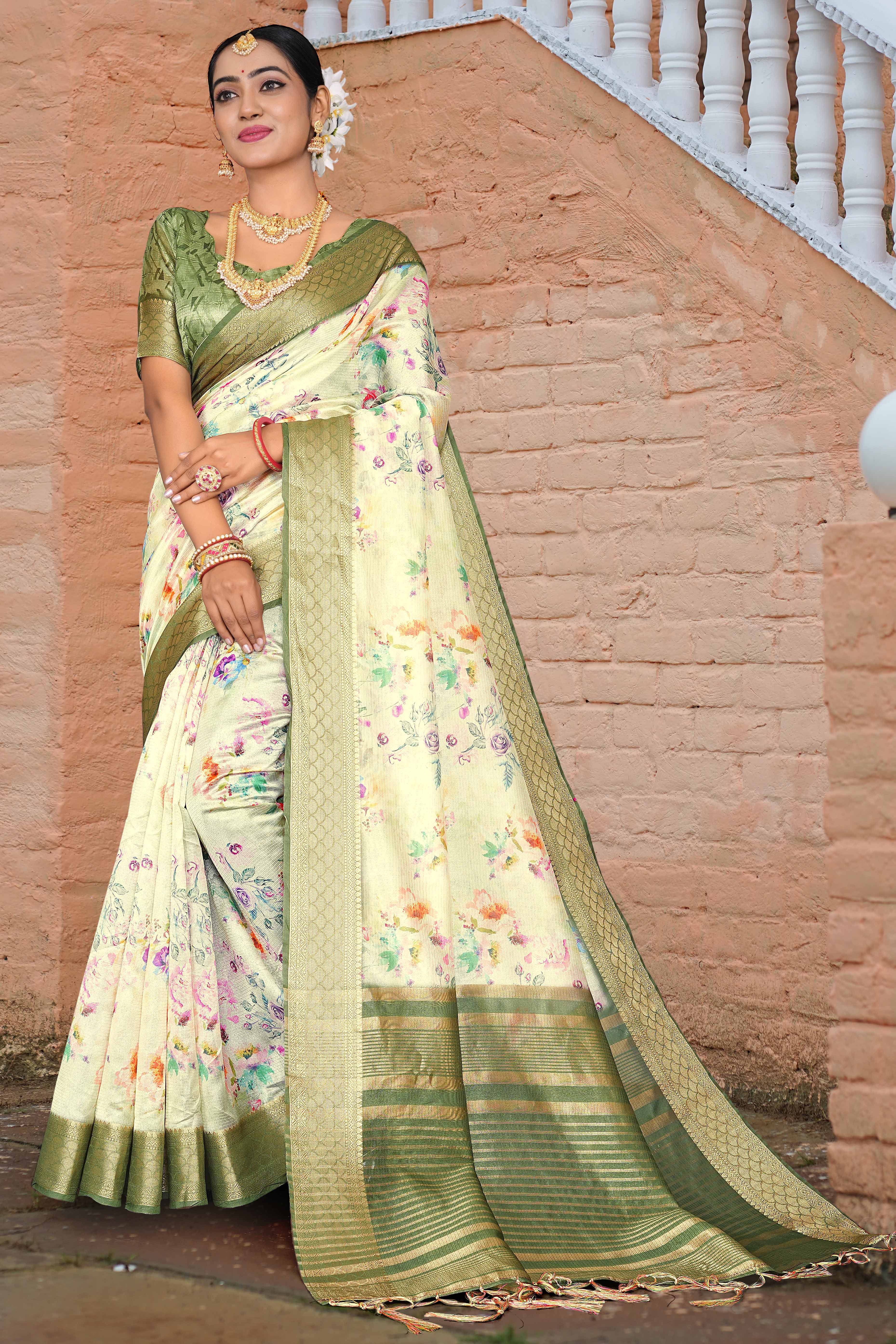 Pista Green Floral Digital Printed Silk Blend Saree With Intricate Weaving Border & Tassel Pallu