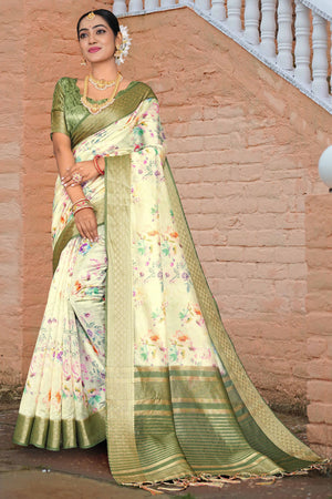 Pista Green Floral Digital Printed Silk Blend Saree With Intricate Weaving Border & Tassel Pallu