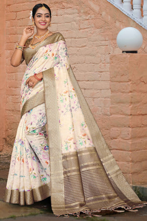 Light Peach Floral Digital Printed Silk Blend Saree With Intricate Weaving Border & Tassel Pallu