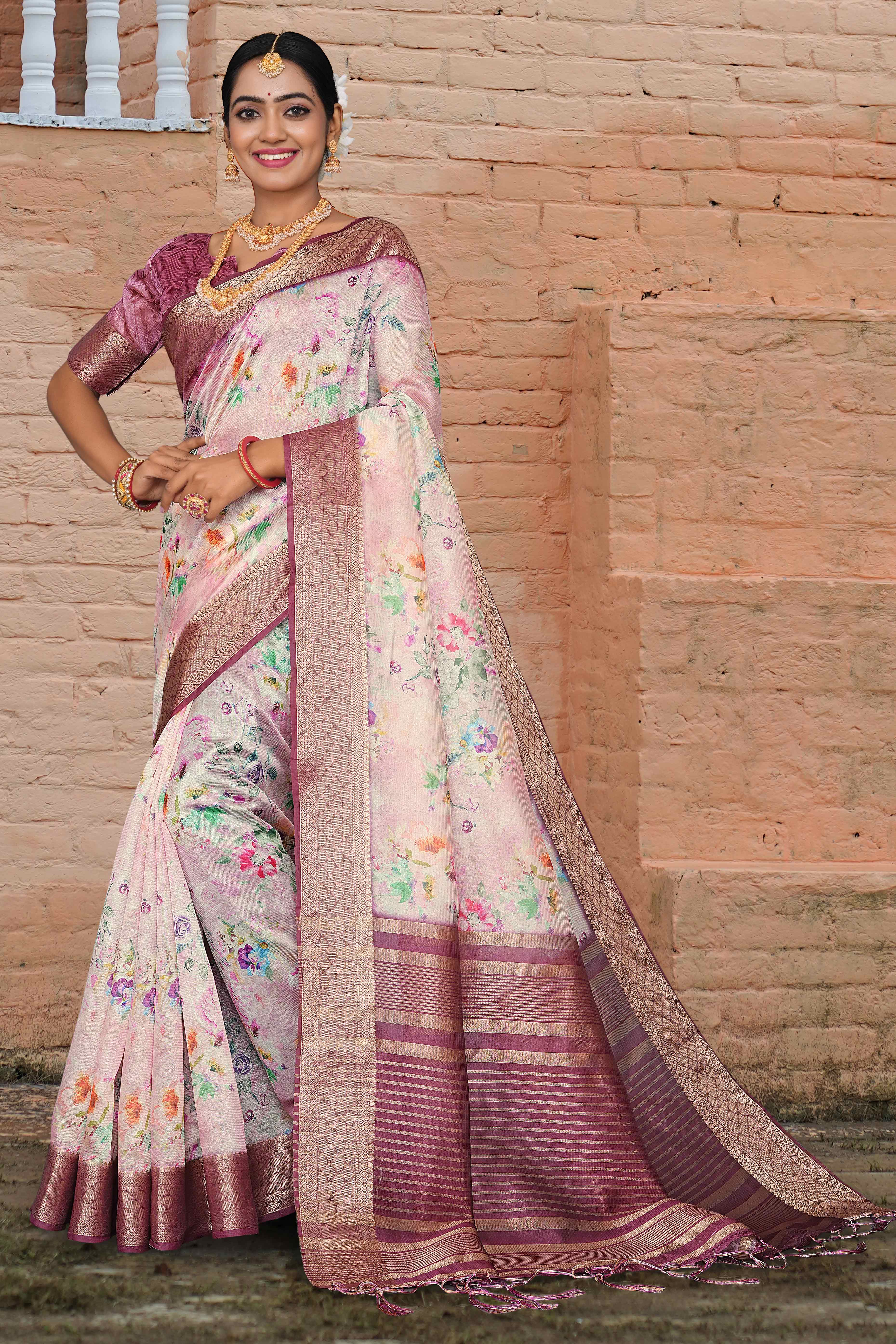 Pastel Pink Floral Digital Printed Silk Blend Saree With Intricate Weaving Border & Tassel Pallu