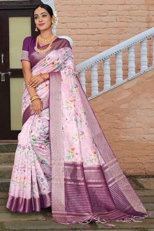 Light Purple Floral Digital Printed Silk Blend Saree With Intricate Weaving Border & Tassel Pallu