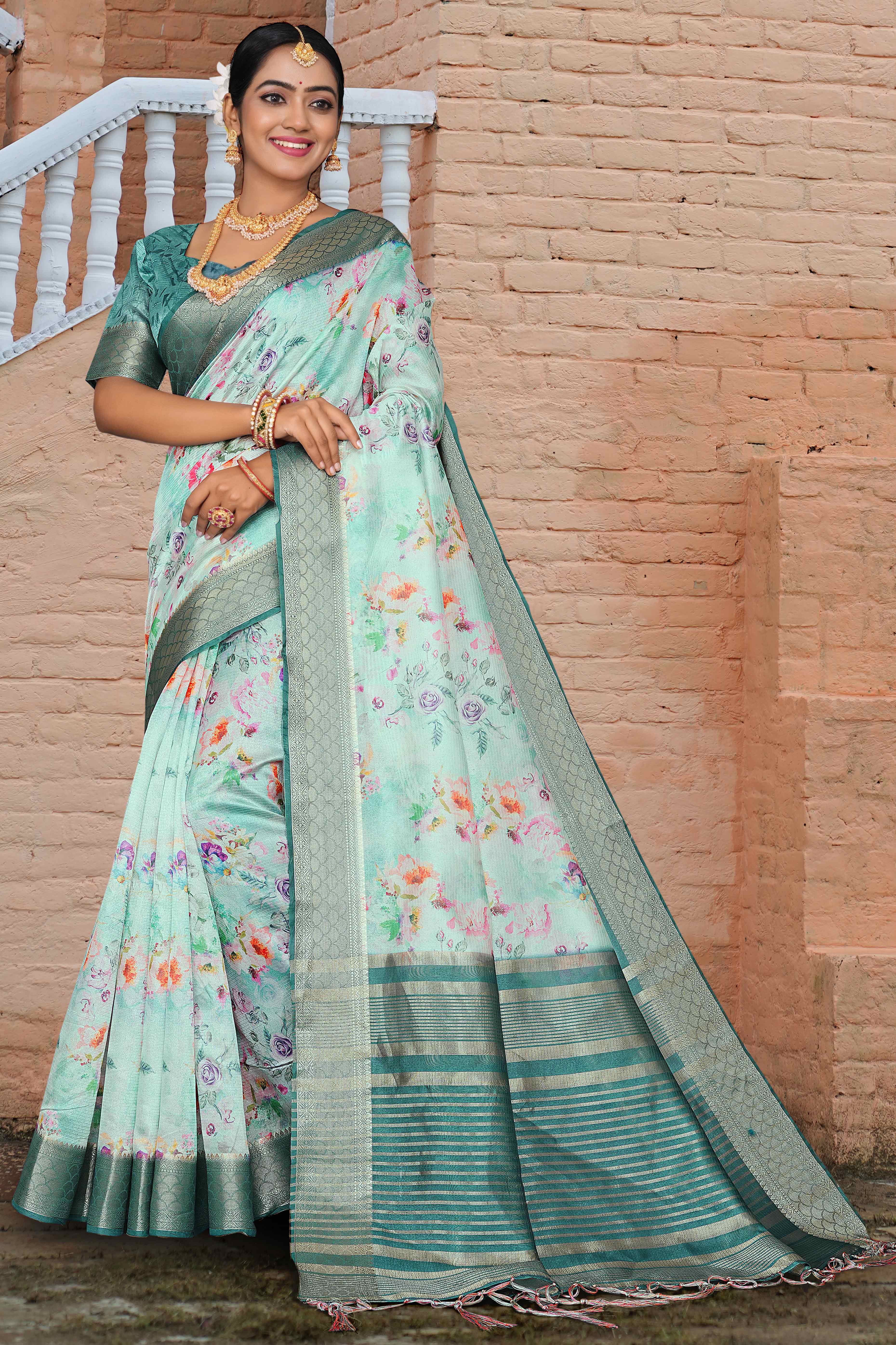 Pale Turquoise Floral Digital Printed Silk Blend Saree With Intricate Weaving Border & Tassel Pallu