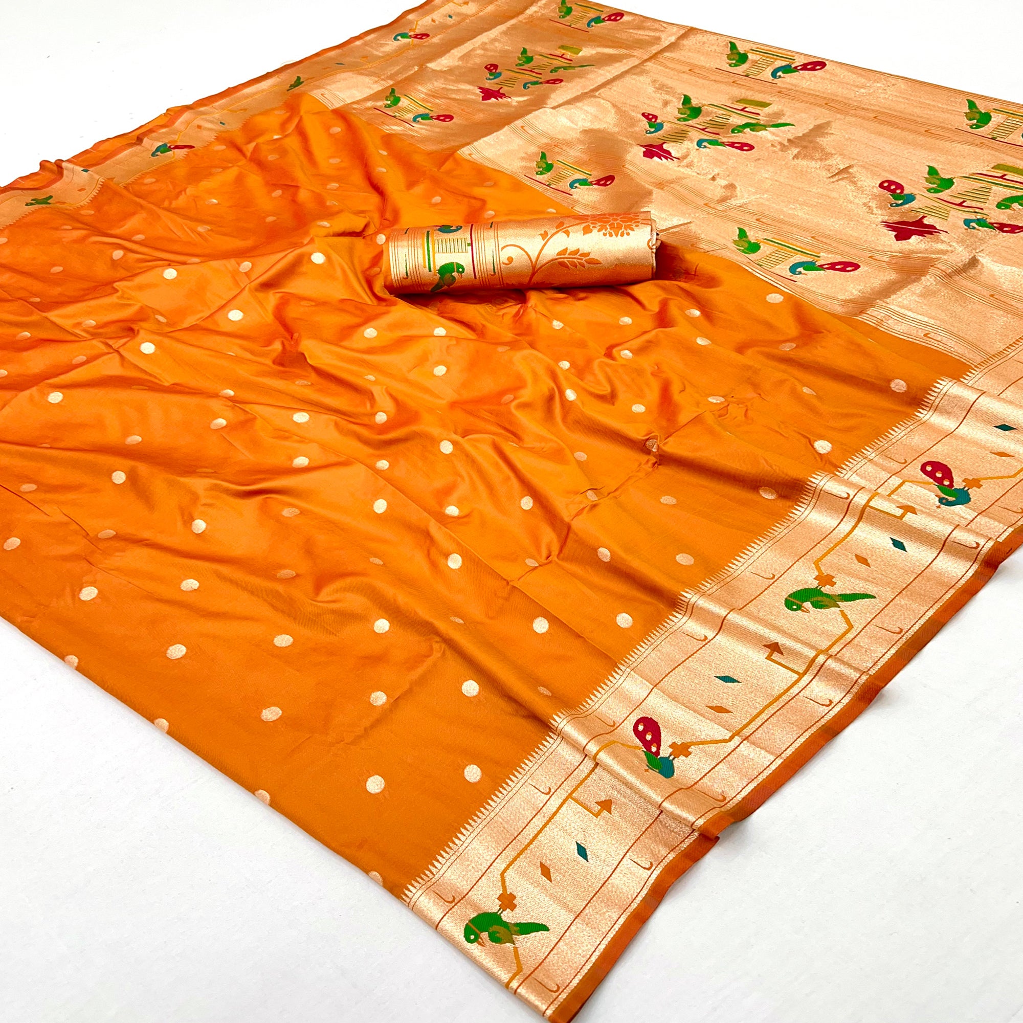 Orange Floral Zari Weaving Work Silk Blend Paithani Saree With Traditional Charm