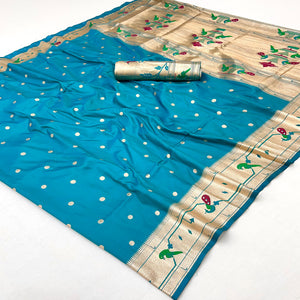Teal Blue Floral Zari Weaving Work Silk Blend Paithani Saree With Traditional Charm
