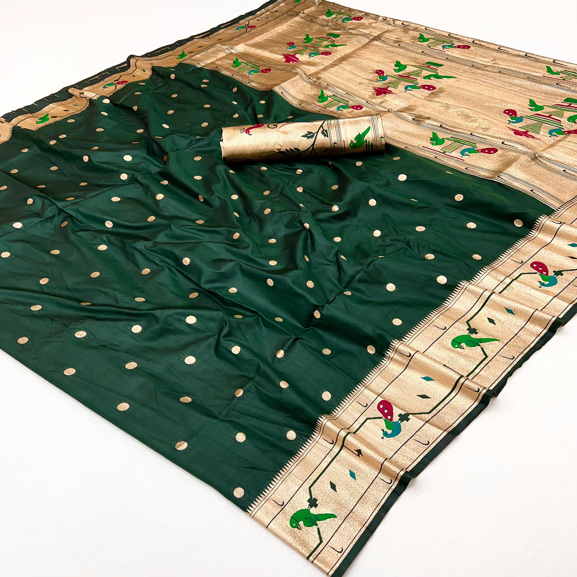 Bottle Green Floral Zari Weaving Work Silk Blend Paithani Saree With Traditional Charm