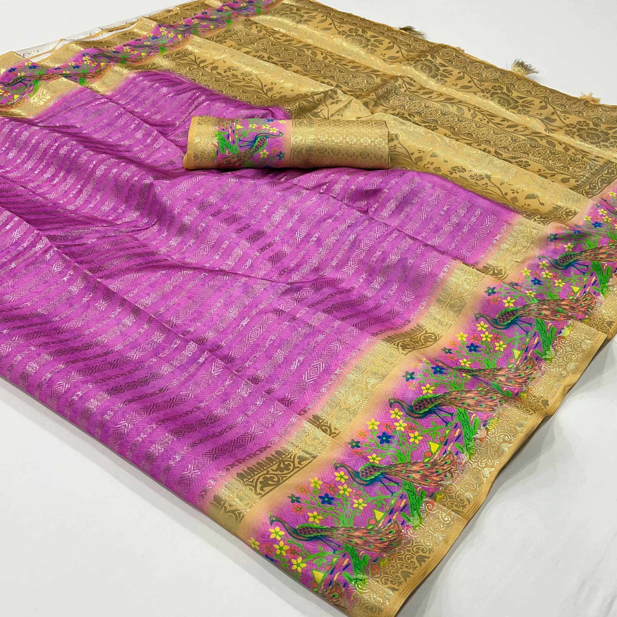 Purple Woven With Digital Printed Raw Silk Saree