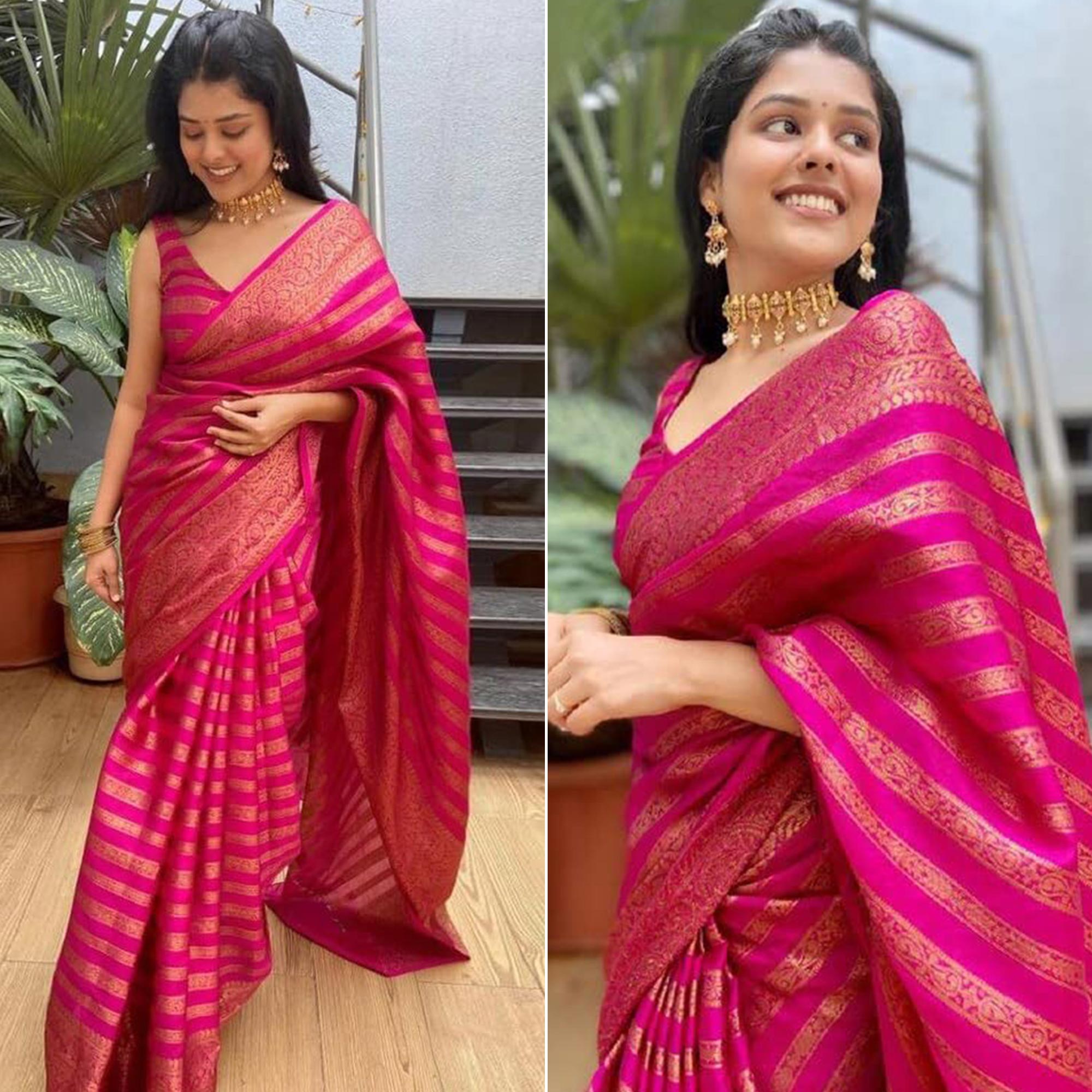 Pink Woven Banarasi Silk Saree with Tassels