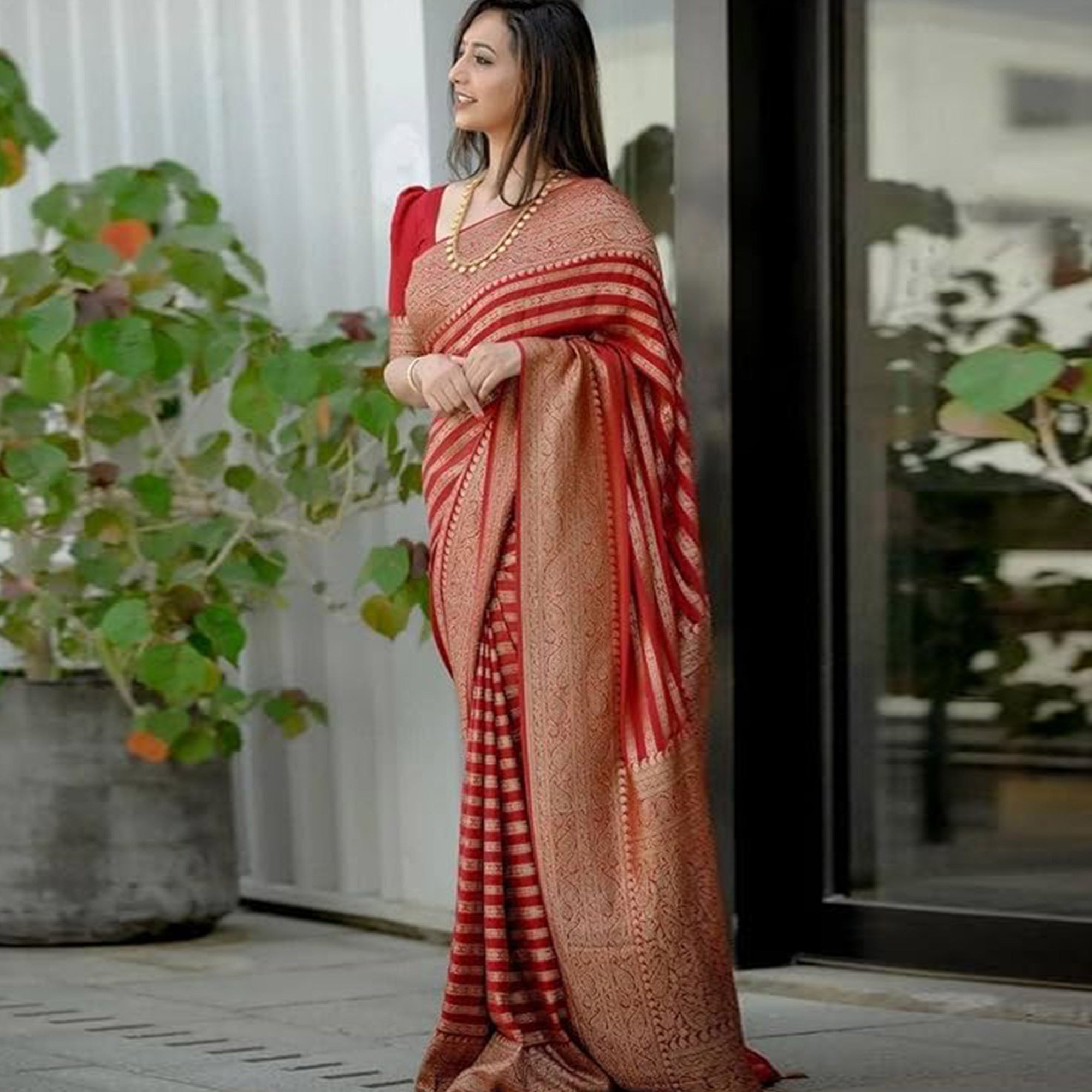 Red Woven Banarasi Silk Saree with Tassels