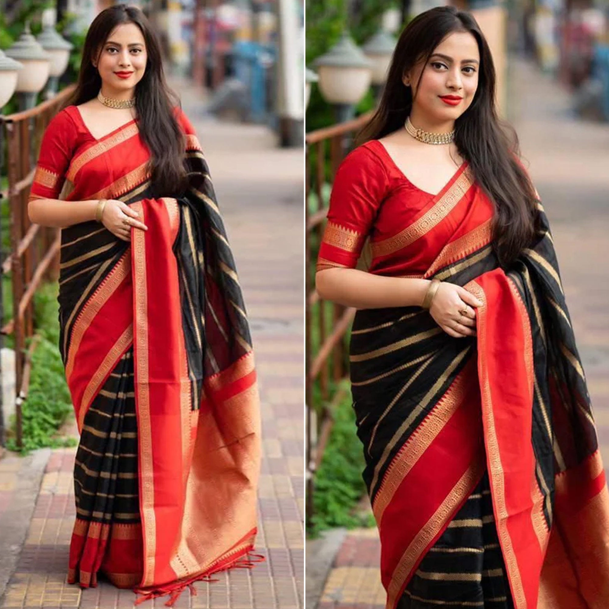 Black Woven Banarasi Silk Saree with Tassels