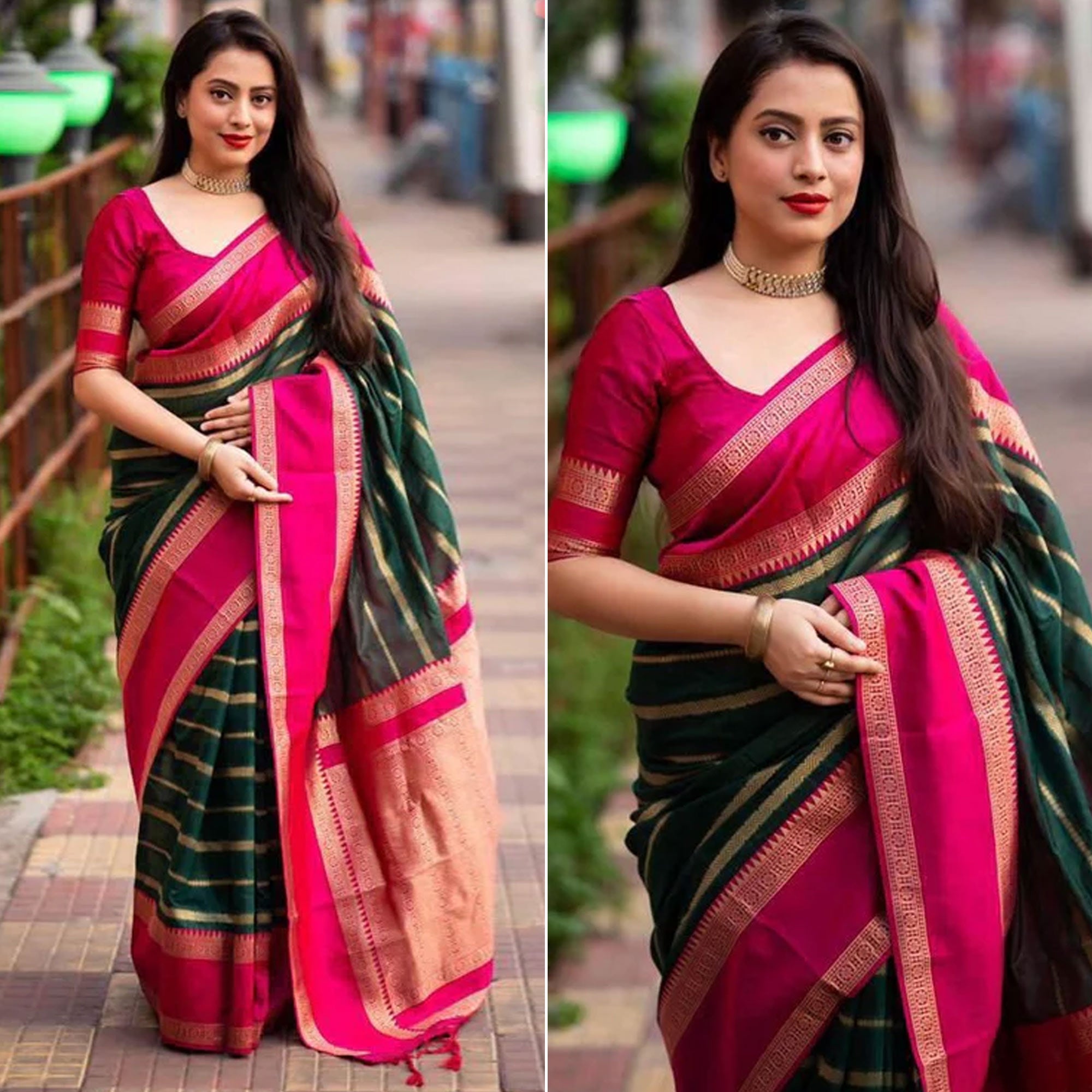 Green Woven Banarasi Silk Saree with Tassels