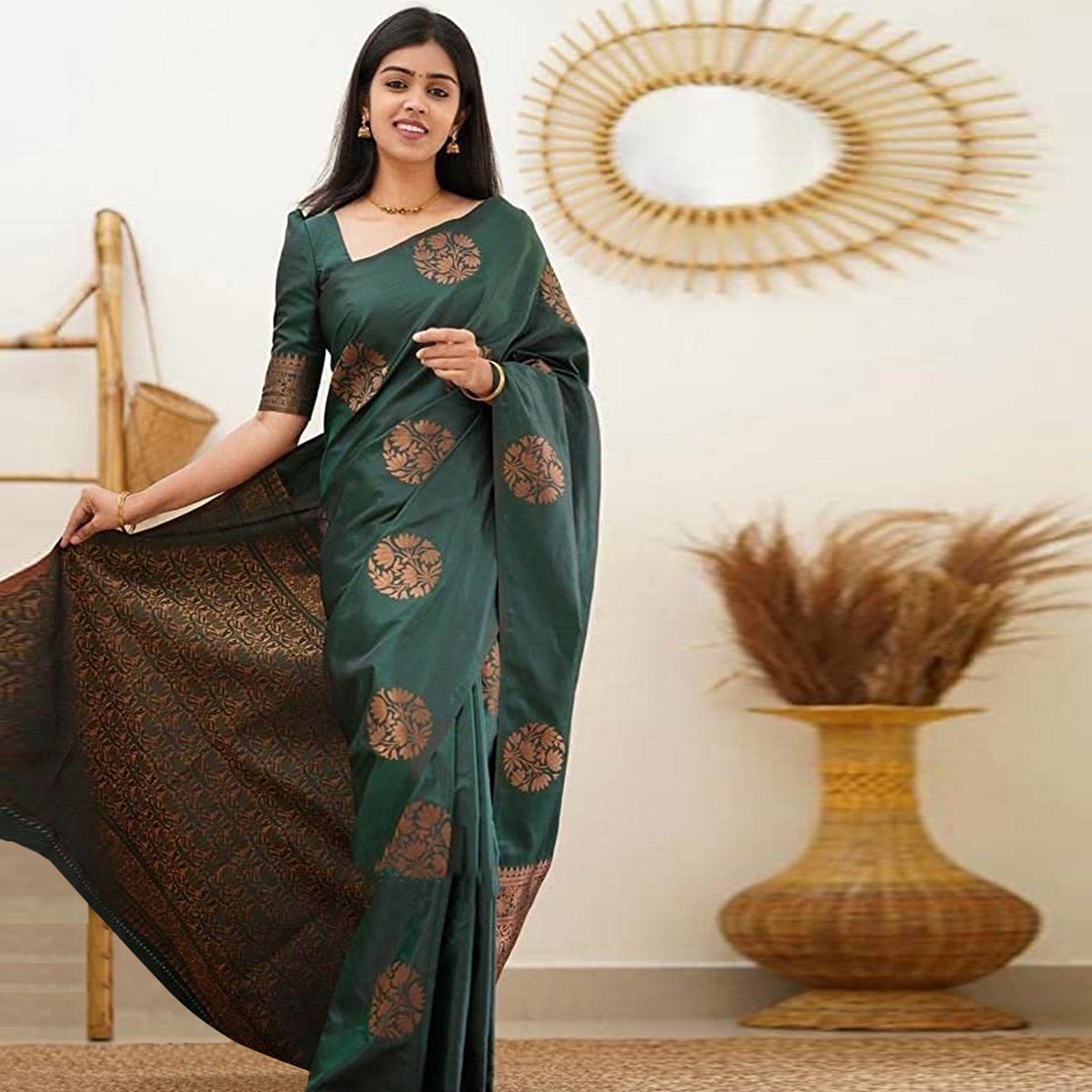 Green Floral Woven Banarasi Silk Saree