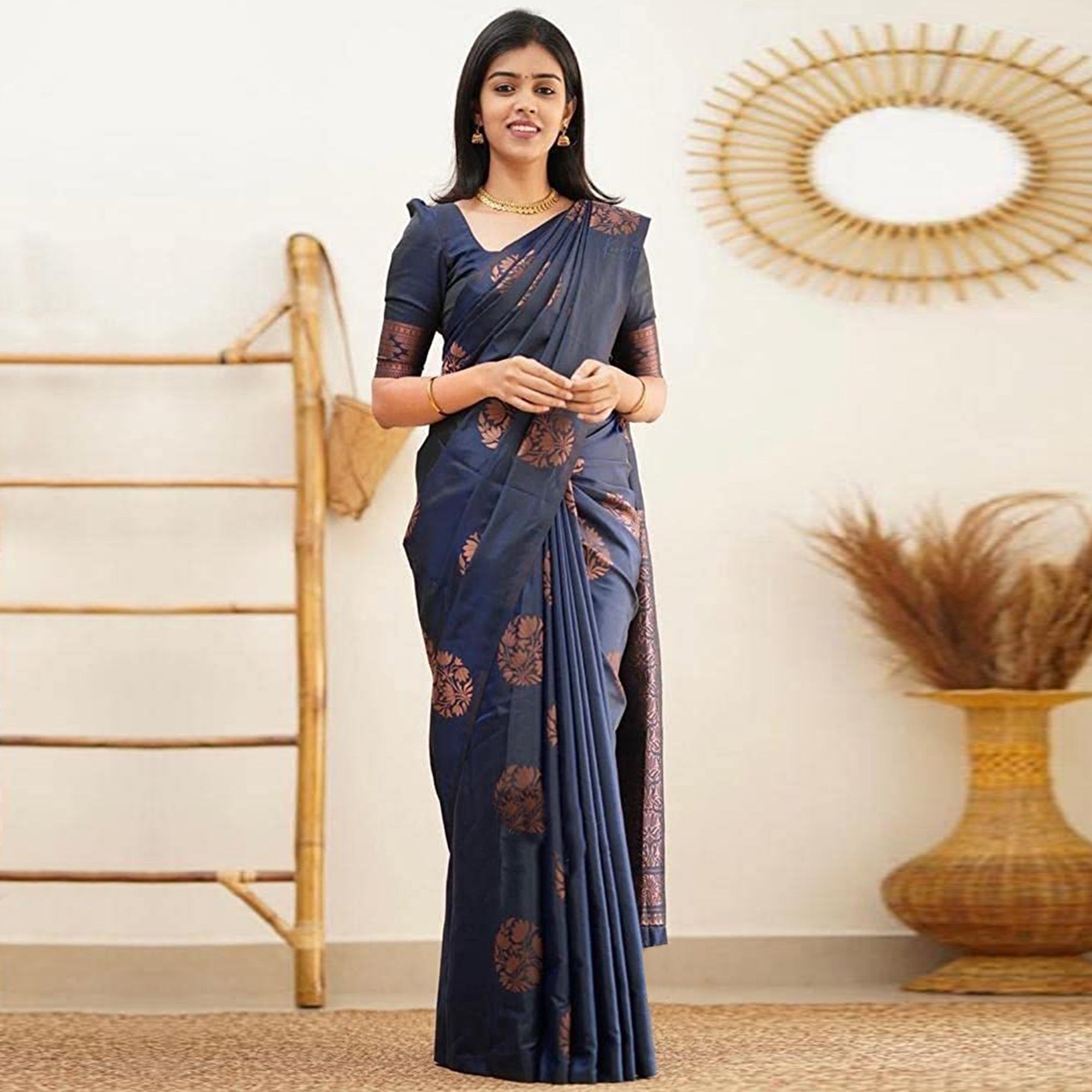 Navy Blue Floral Woven Banarasi Silk Saree