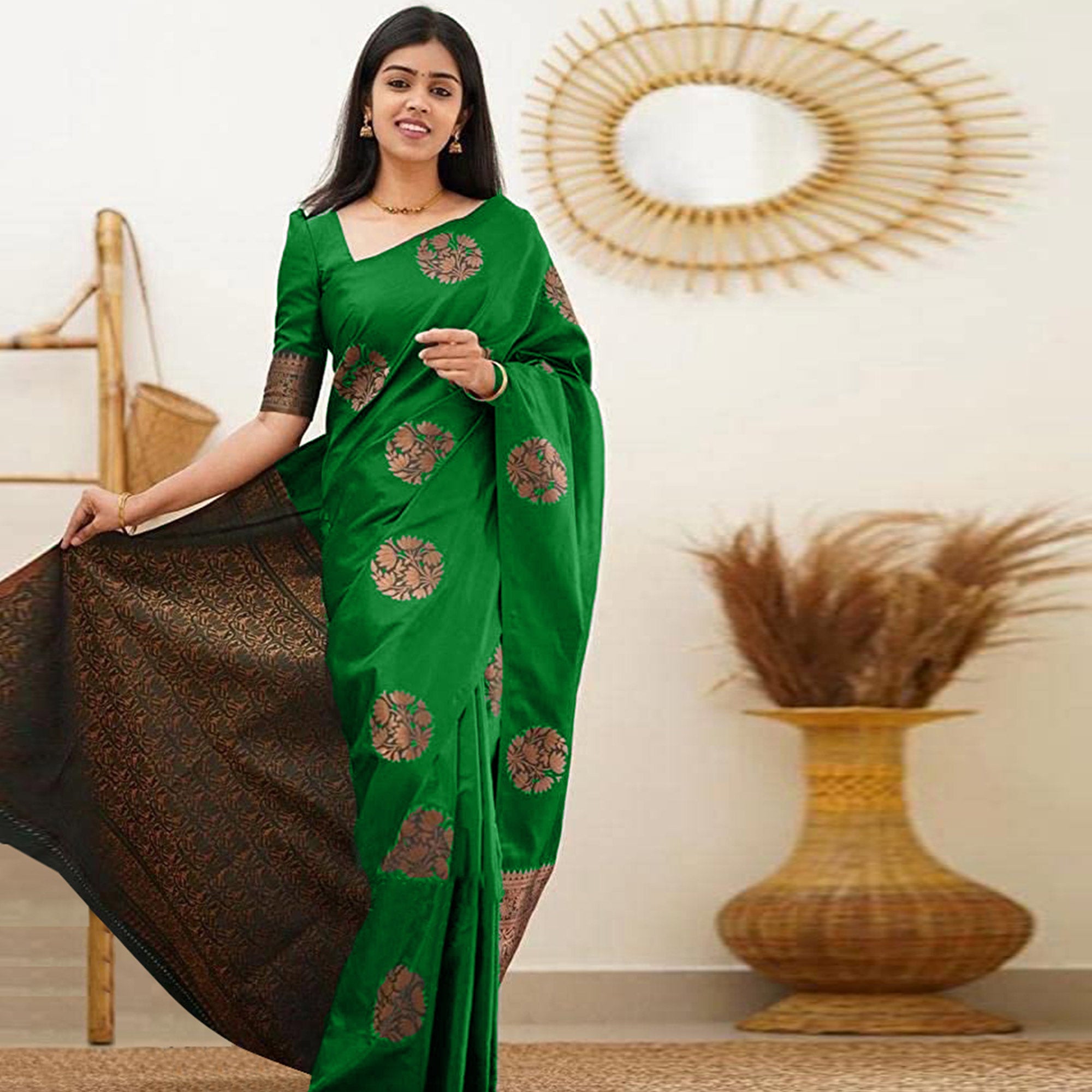 Parrot Green Floral Woven Banarasi Silk Saree