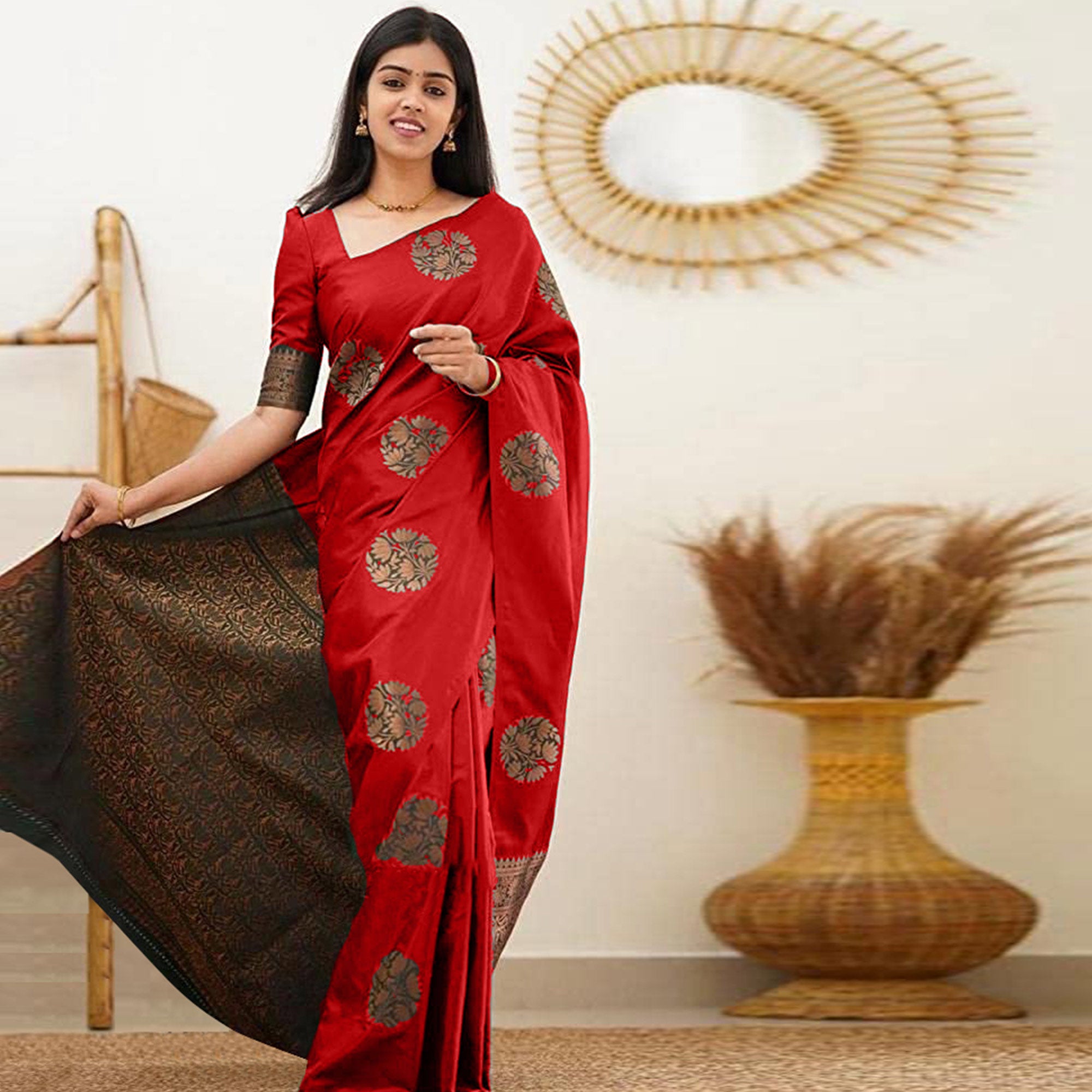 Red Floral Woven Banarasi Silk Saree