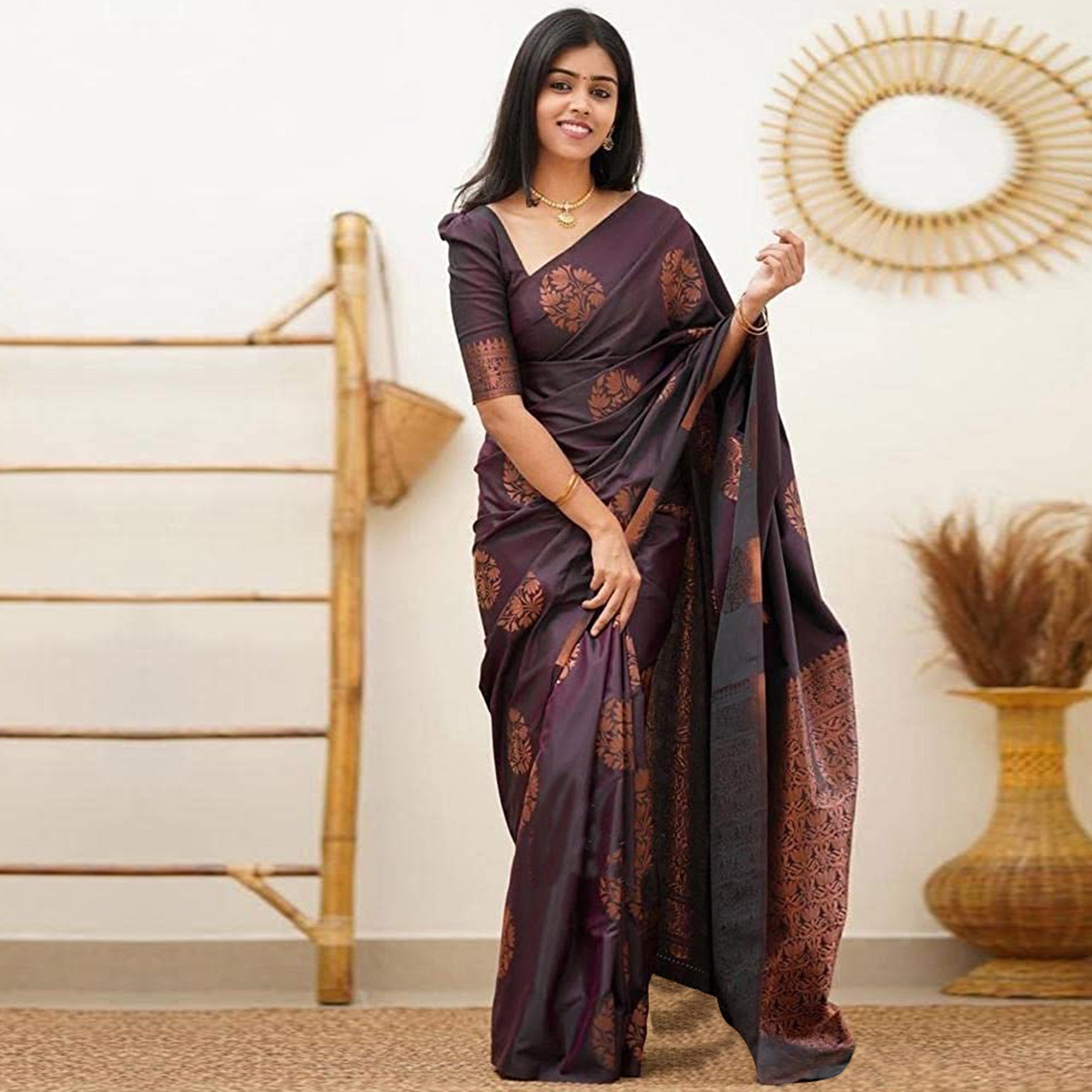 Wine Floral Woven Banarasi Silk Saree