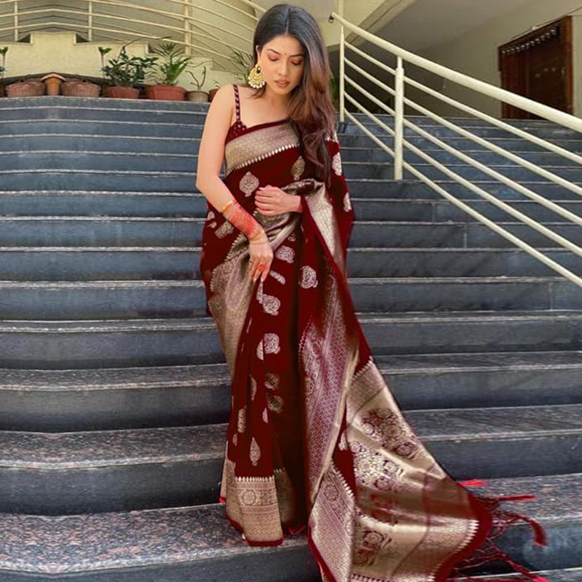 Maroon Woven Banarasi Silk Saree