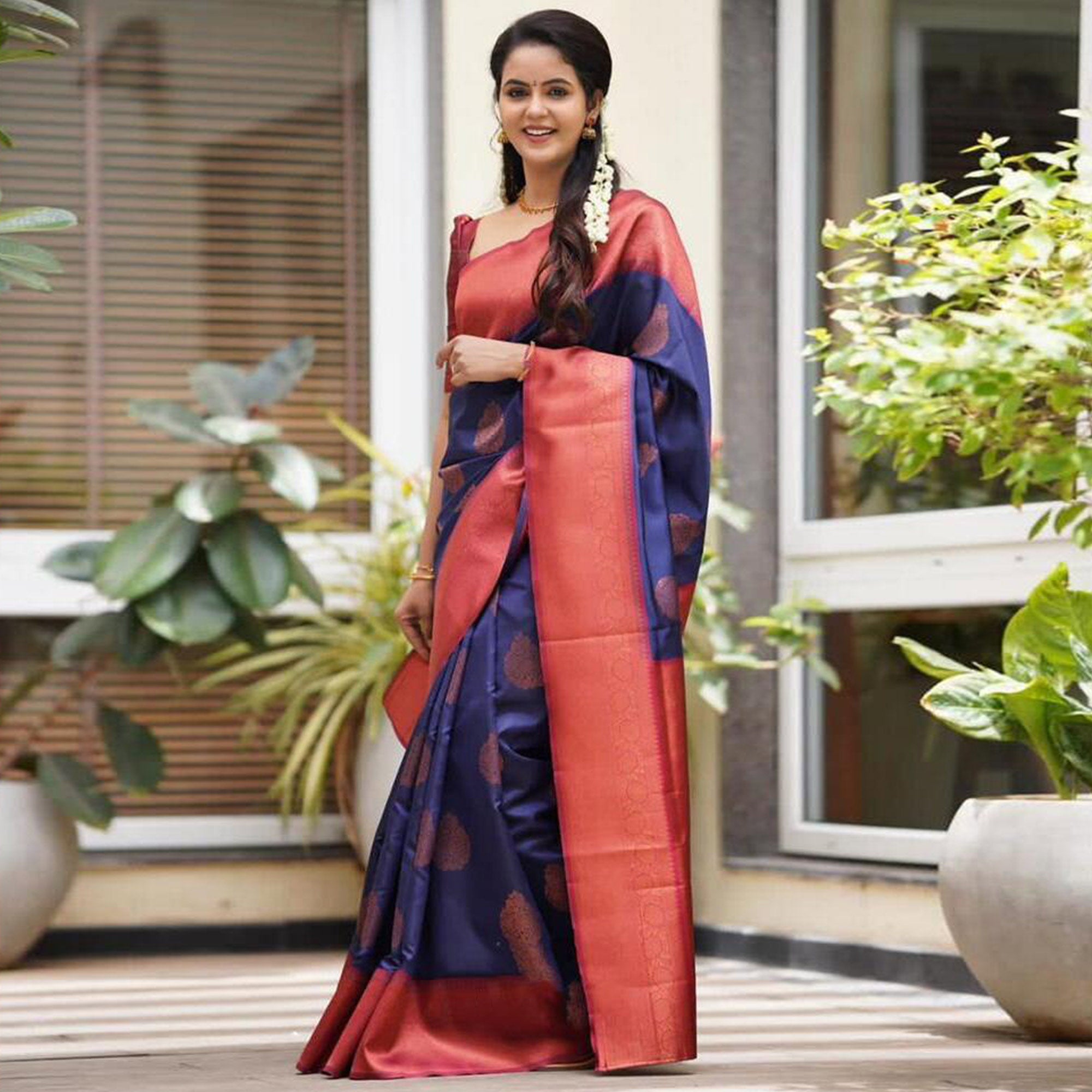 Navy Blue Woven Banarasi Silk Saree