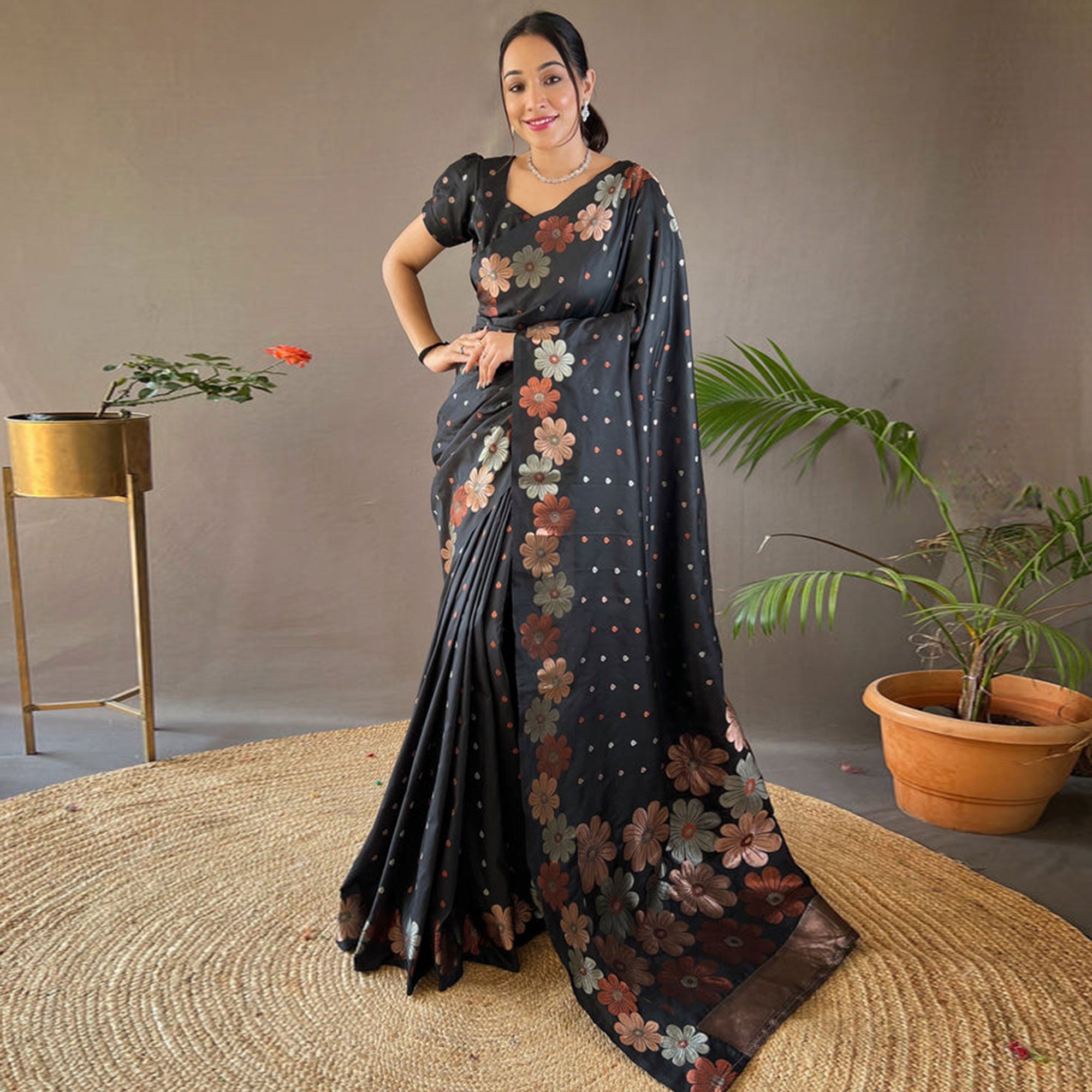 Black Women Floral Woven Kanjivaram Silk Saree