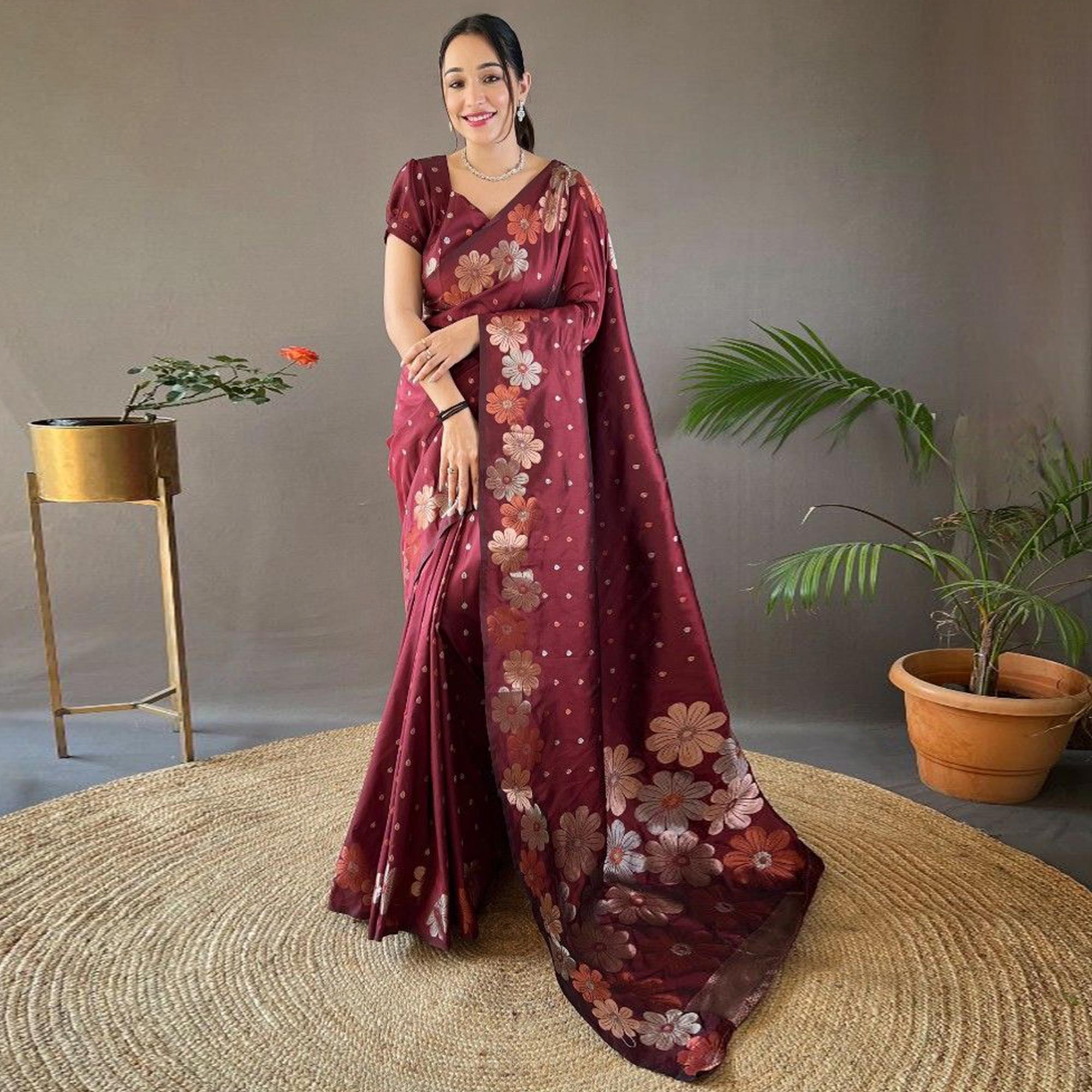 Maroon Women Floral Woven Kanjivaram Silk Saree