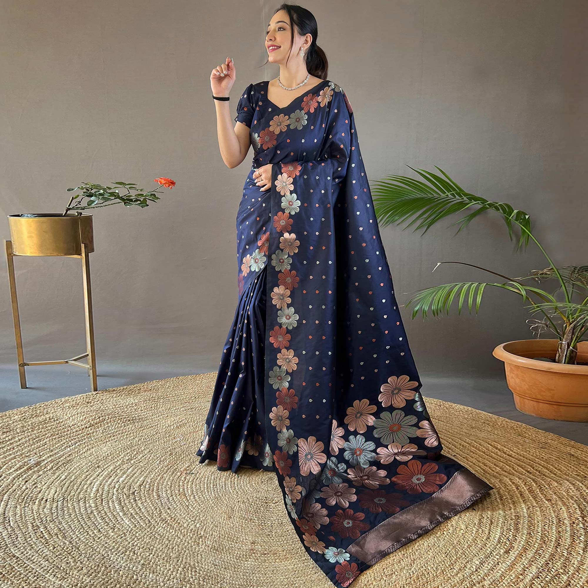 Navy Blue Women Floral Woven Kanjivaram Silk Saree