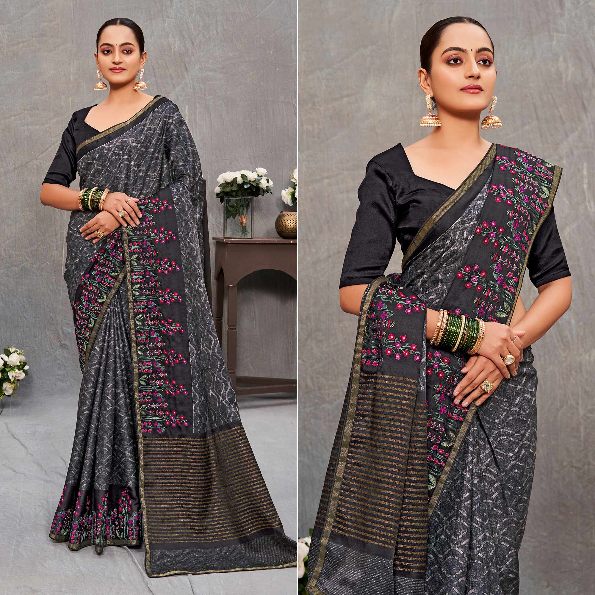 Grey Printed With Embroidered Cotton Silk Saree