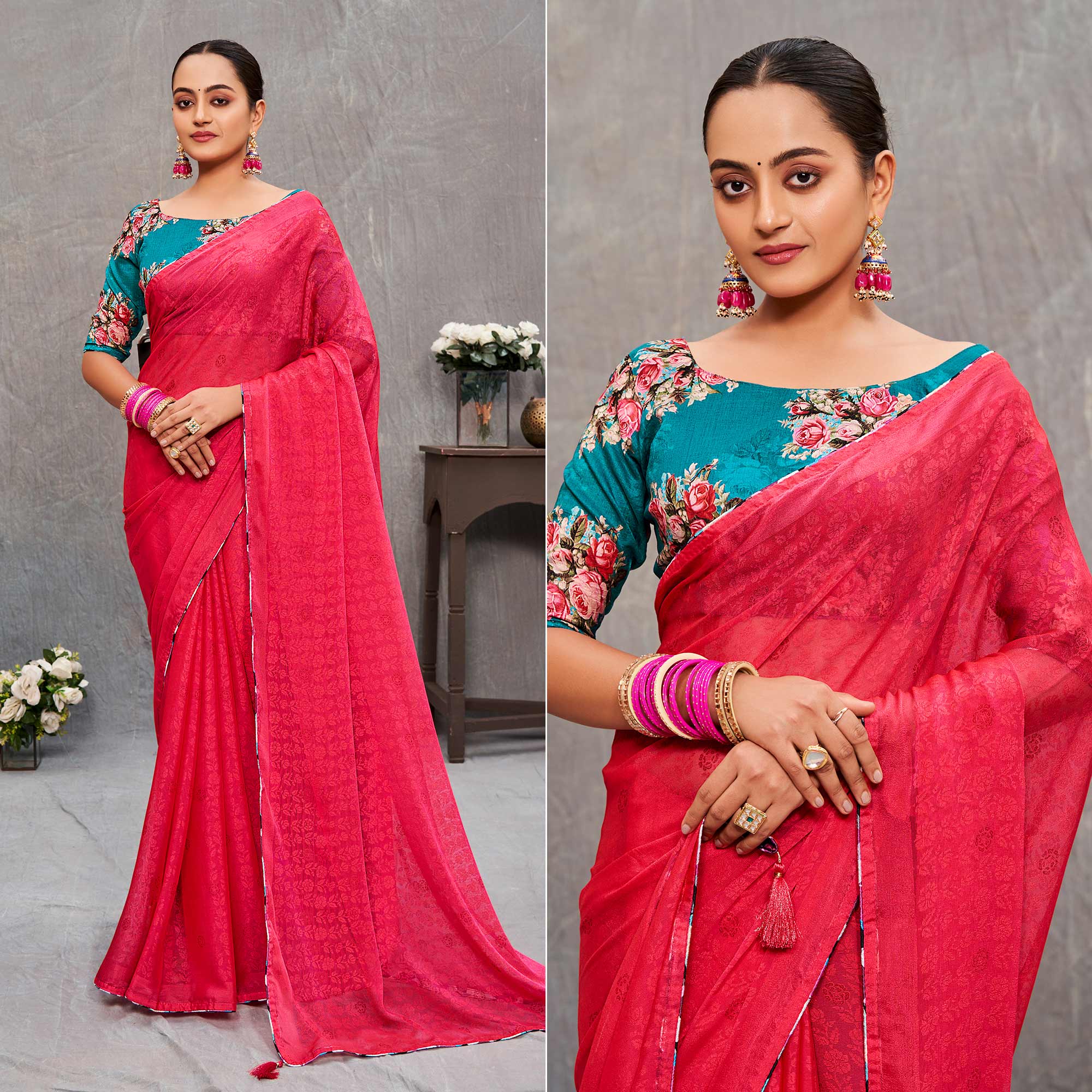 Pink Floral Printed Brasso Saree