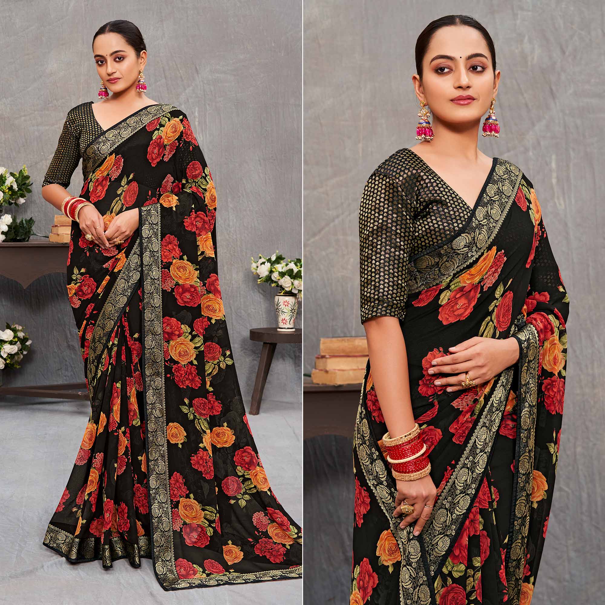 Black Floral Printed Georgette Saree