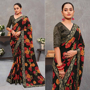 Black Floral Printed Georgette Saree