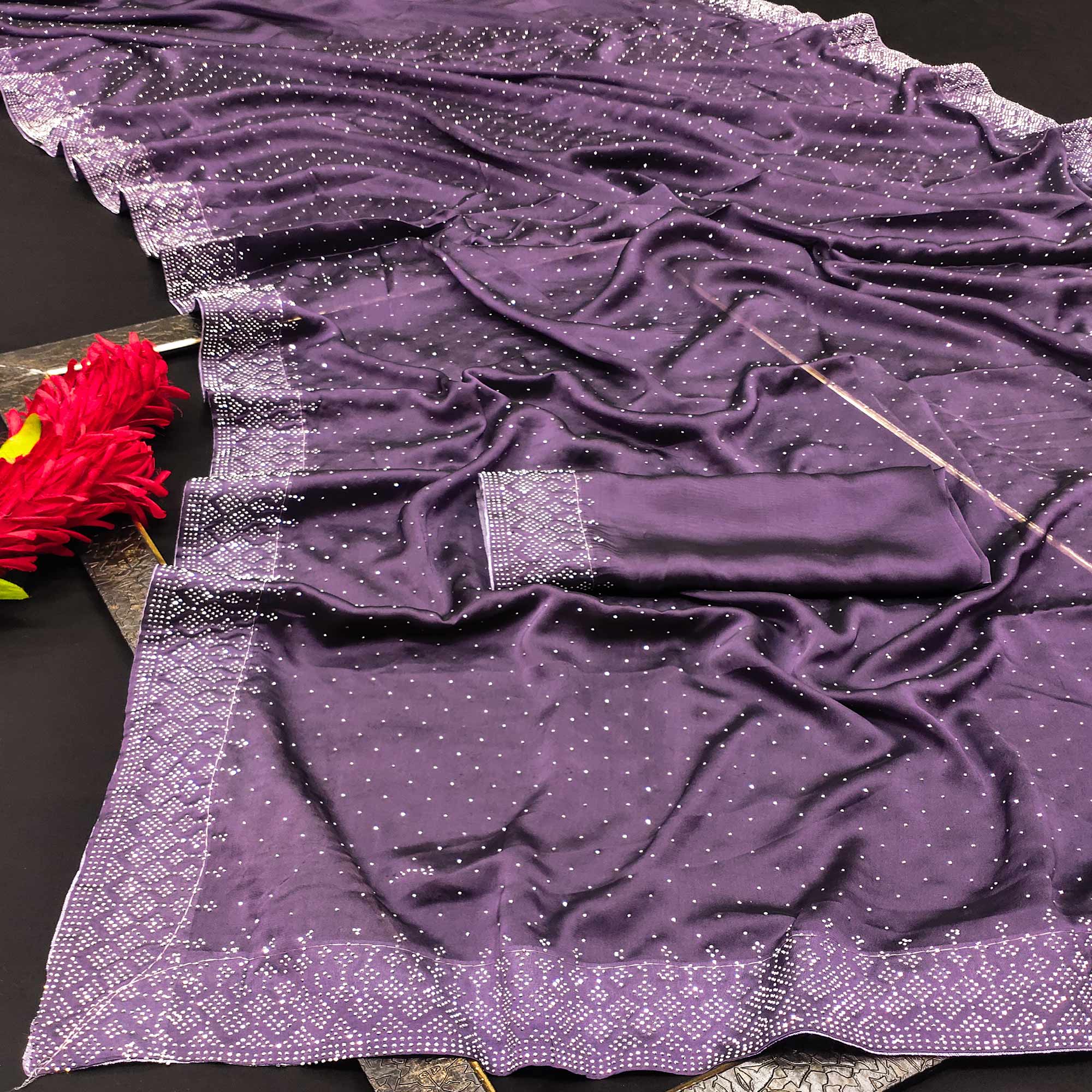 Purple Swarovski Work Satin Saree