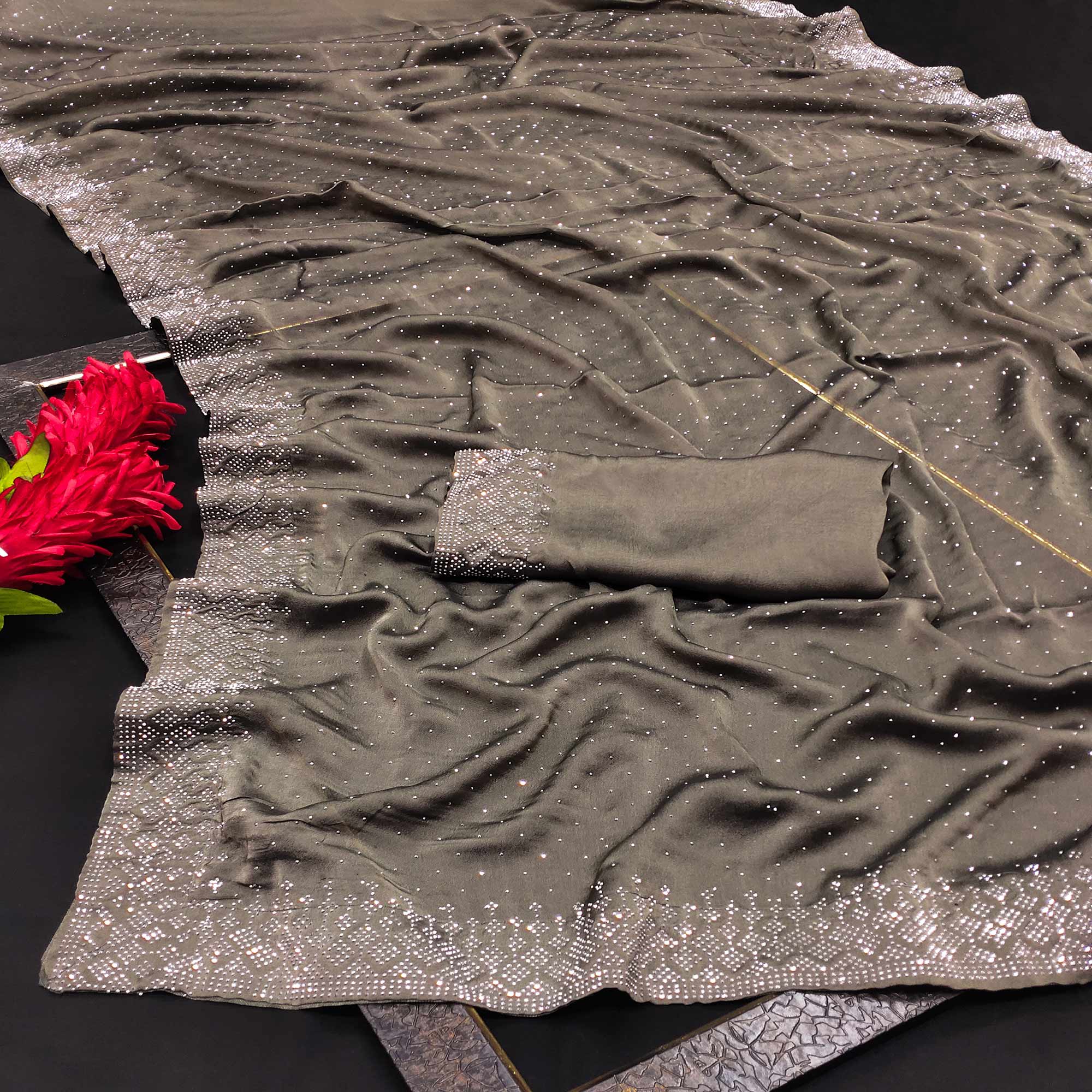 Mouse Grey Swarovski Work Satin Saree