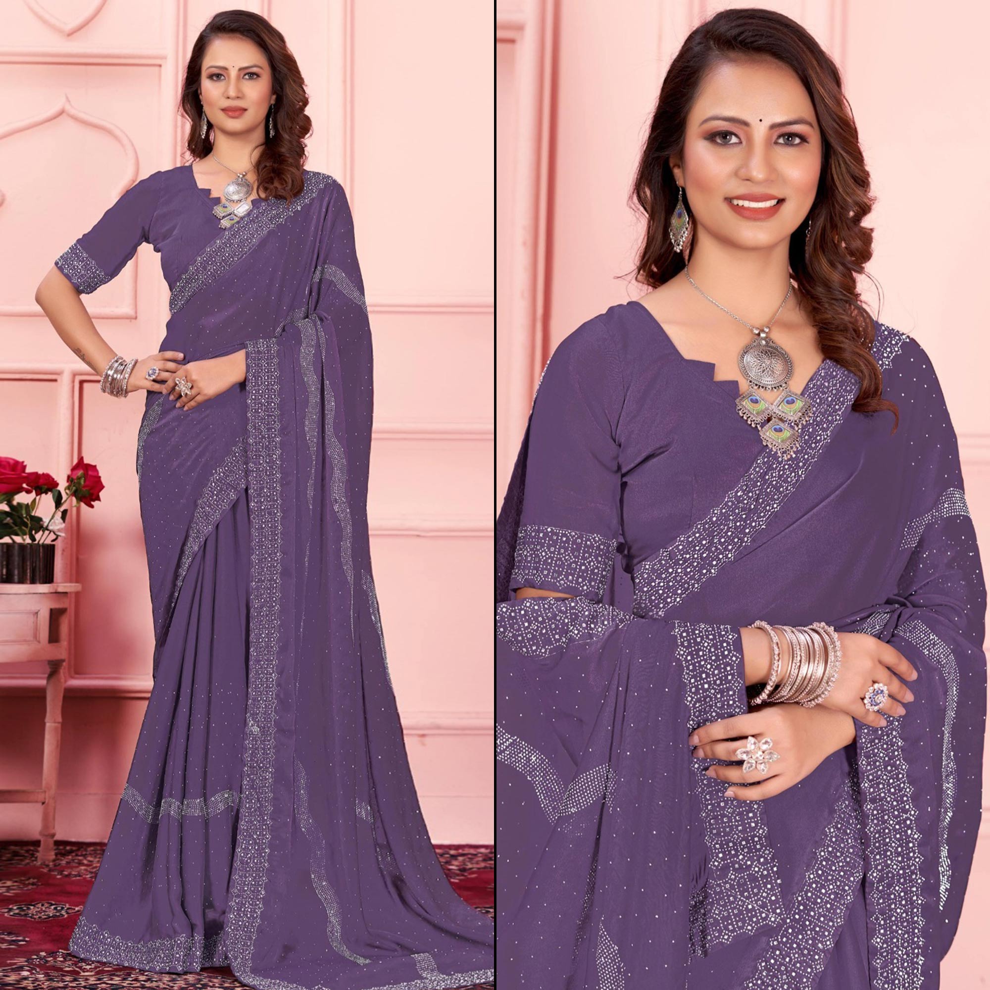 Light Purple Swarovski Work Satin Saree